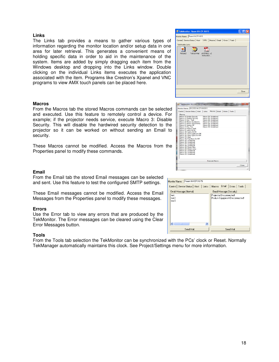 Links, Macros, Email | Errors, Tools | TEKVOX TekManager Comprehensive User Manual | Page 18 / 51