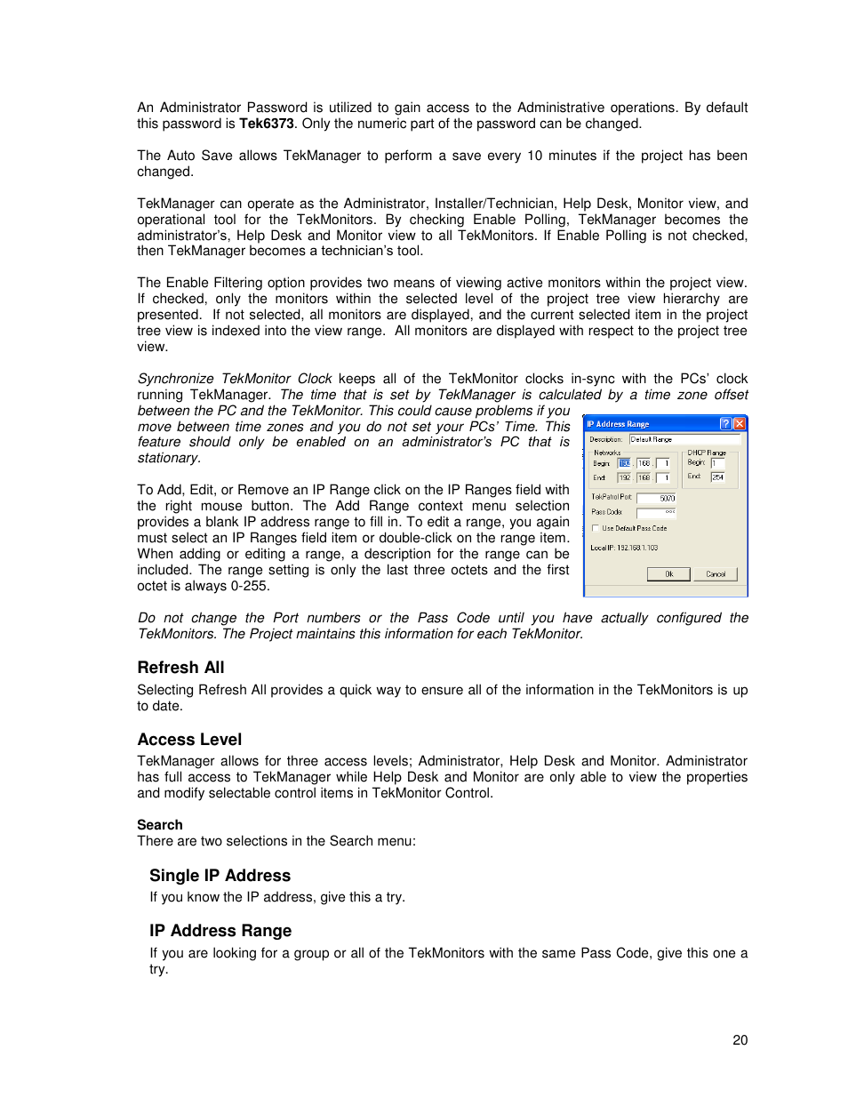 Refresh all, Access level, Search | Single ip address, Ip address range | TEKVOX TekManager Comprehensive User Manual | Page 20 / 51