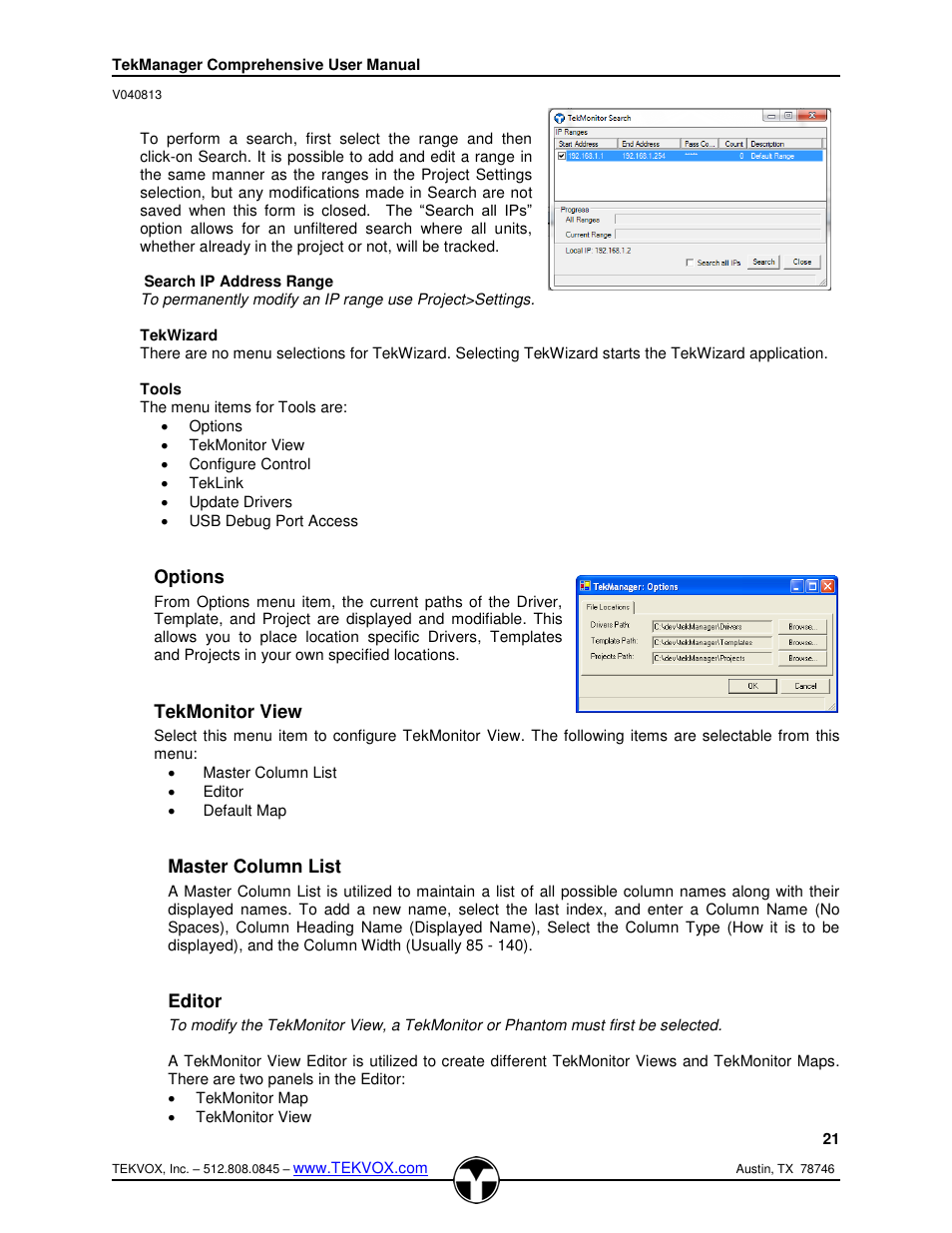 Tekwizard, Tools, Options | Tekmonitor view, Master column list, Editor | TEKVOX TekManager Comprehensive User Manual | Page 21 / 51