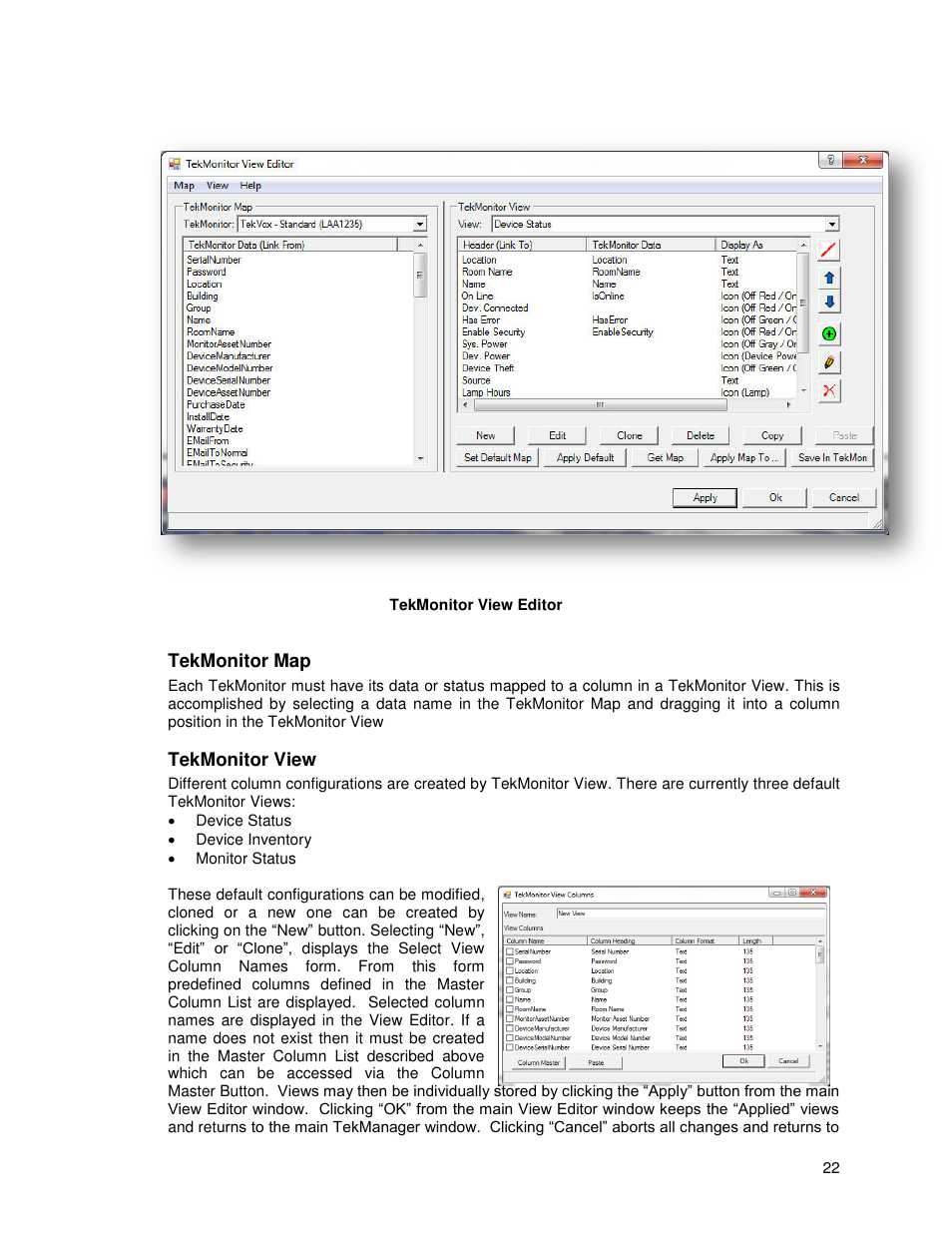 Tekmonitor map, Tekmonitor view | TEKVOX TekManager Comprehensive User Manual | Page 22 / 51