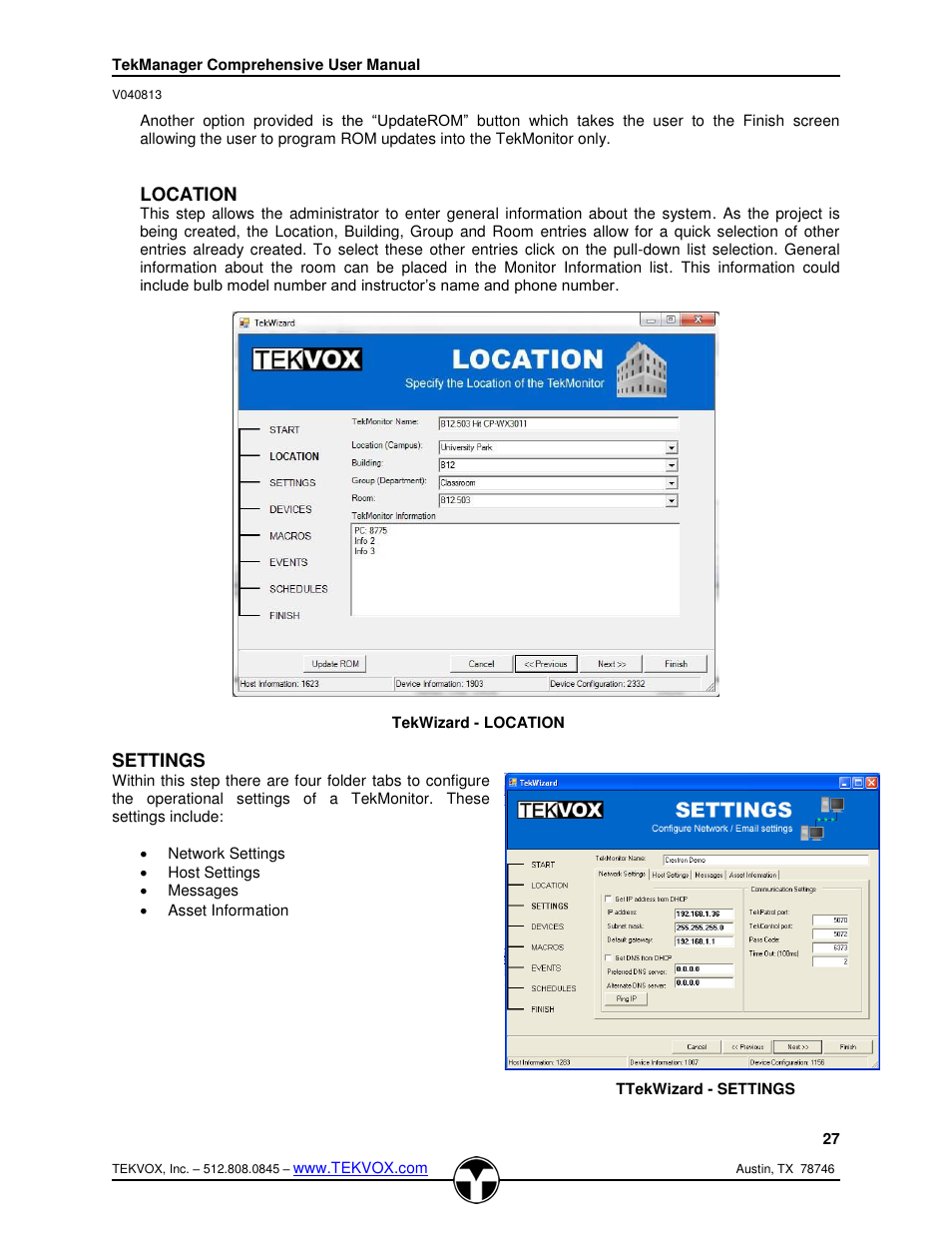 Settings, Location | TEKVOX TekManager Comprehensive User Manual | Page 27 / 51