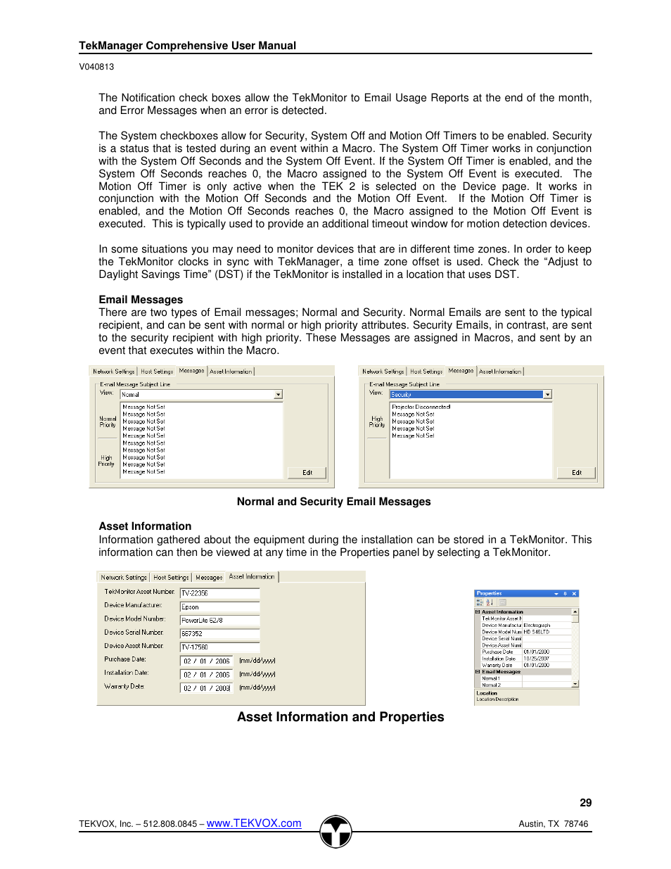 Email messages, Asset information | TEKVOX TekManager Comprehensive User Manual | Page 29 / 51