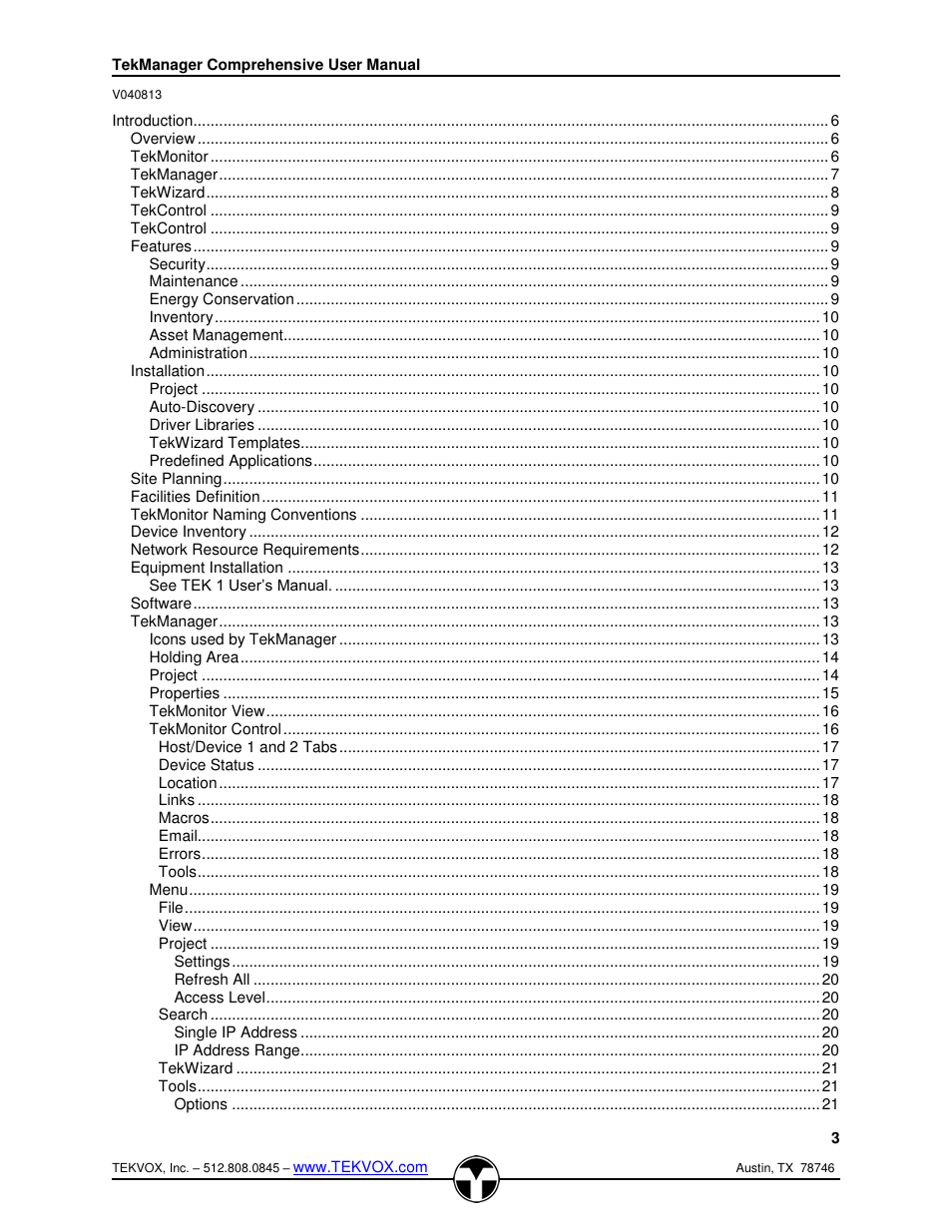 TEKVOX TekManager Comprehensive User Manual | Page 3 / 51