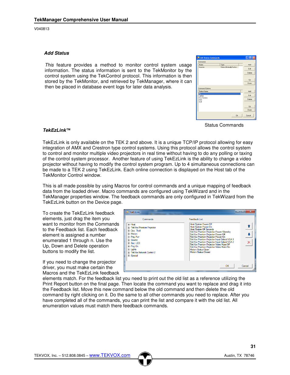 Add status, Tekezlink, Tekeasylink | TEKVOX TekManager Comprehensive User Manual | Page 31 / 51