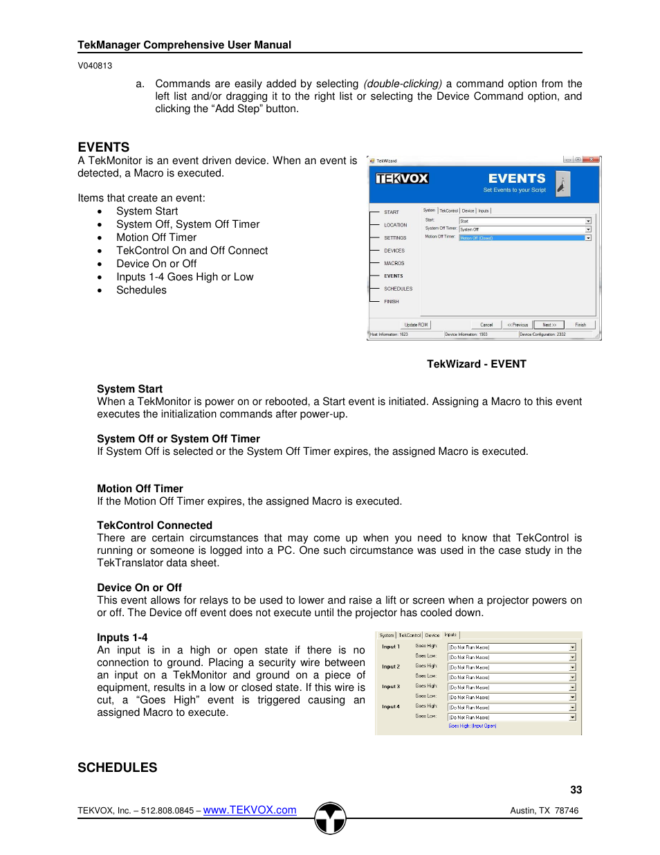 Events, System start, System off or system off timer | Tekcontrol connected, Device on or off, Inputs 1-4, Schedules | TEKVOX TekManager Comprehensive User Manual | Page 33 / 51