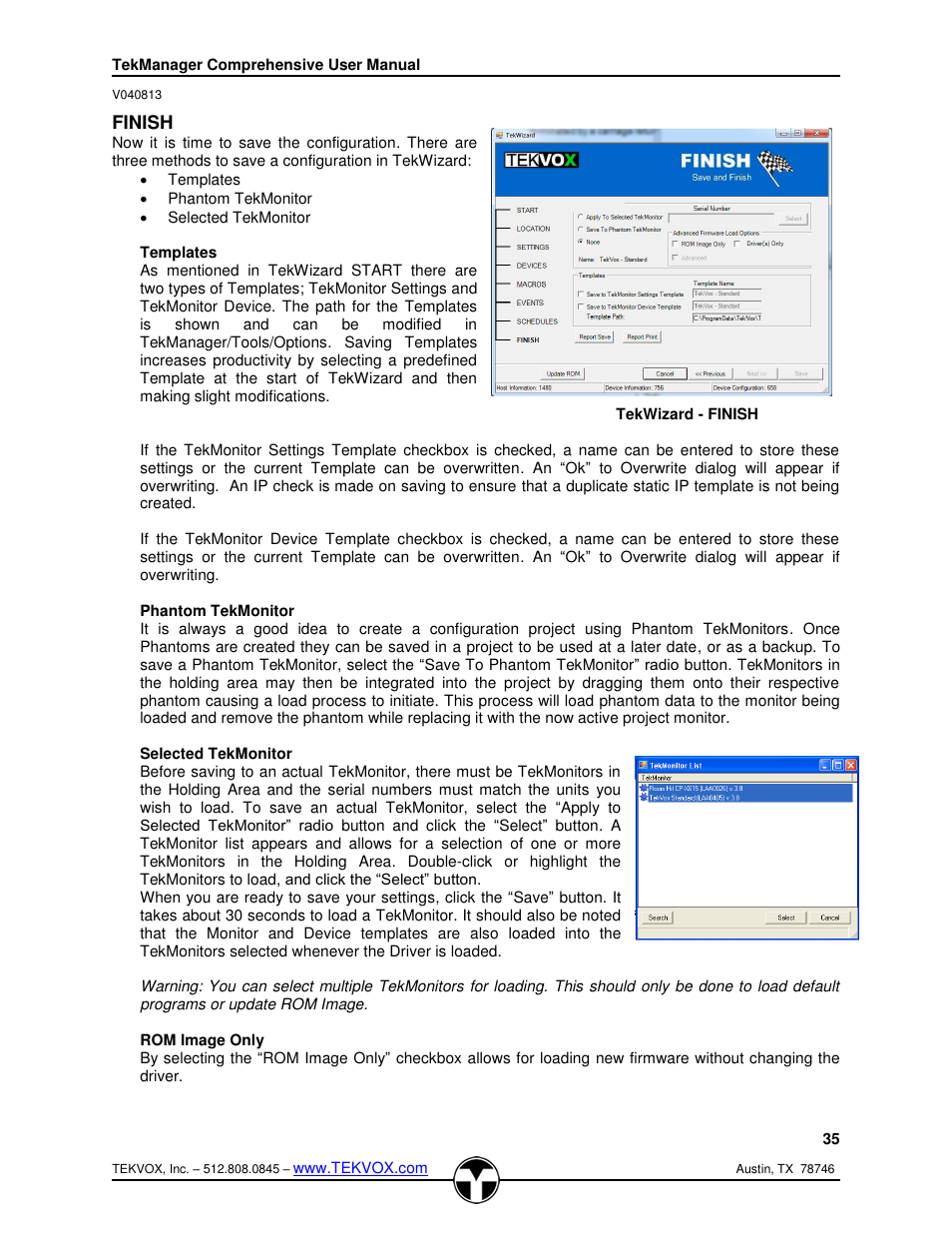 Finish, Templates, Phantom tekmonitor | Selected tekmonitor, Rom image only | TEKVOX TekManager Comprehensive User Manual | Page 35 / 51