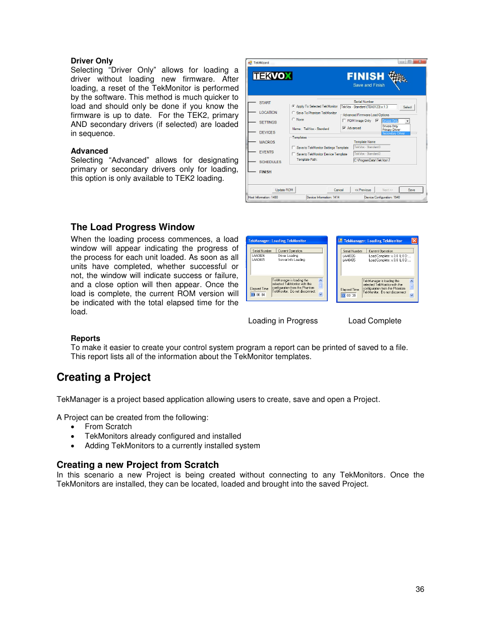 Driver only, The load progress window, Reports | Creating a project, Creating a new project from scratch | TEKVOX TekManager Comprehensive User Manual | Page 36 / 51