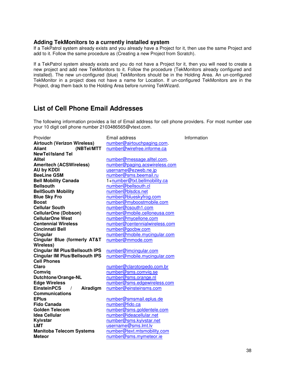 Adding tekmonitors to a currently installed system, List of cell phone email addresses | TEKVOX TekManager Comprehensive User Manual | Page 38 / 51