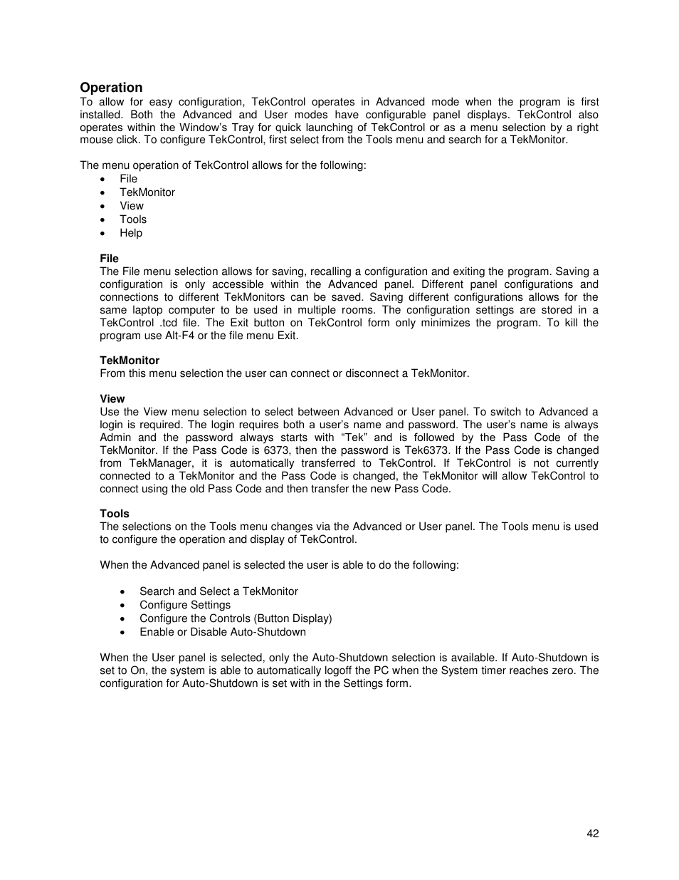 Operation, File, Tekmonitor | View, Tools | TEKVOX TekManager Comprehensive User Manual | Page 42 / 51