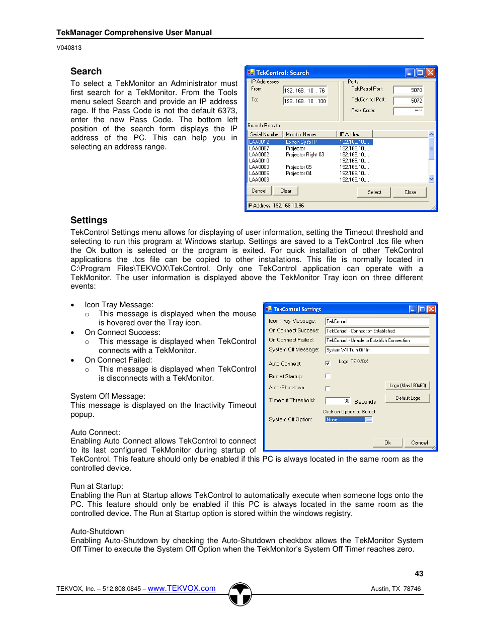 Search, Settings | TEKVOX TekManager Comprehensive User Manual | Page 43 / 51