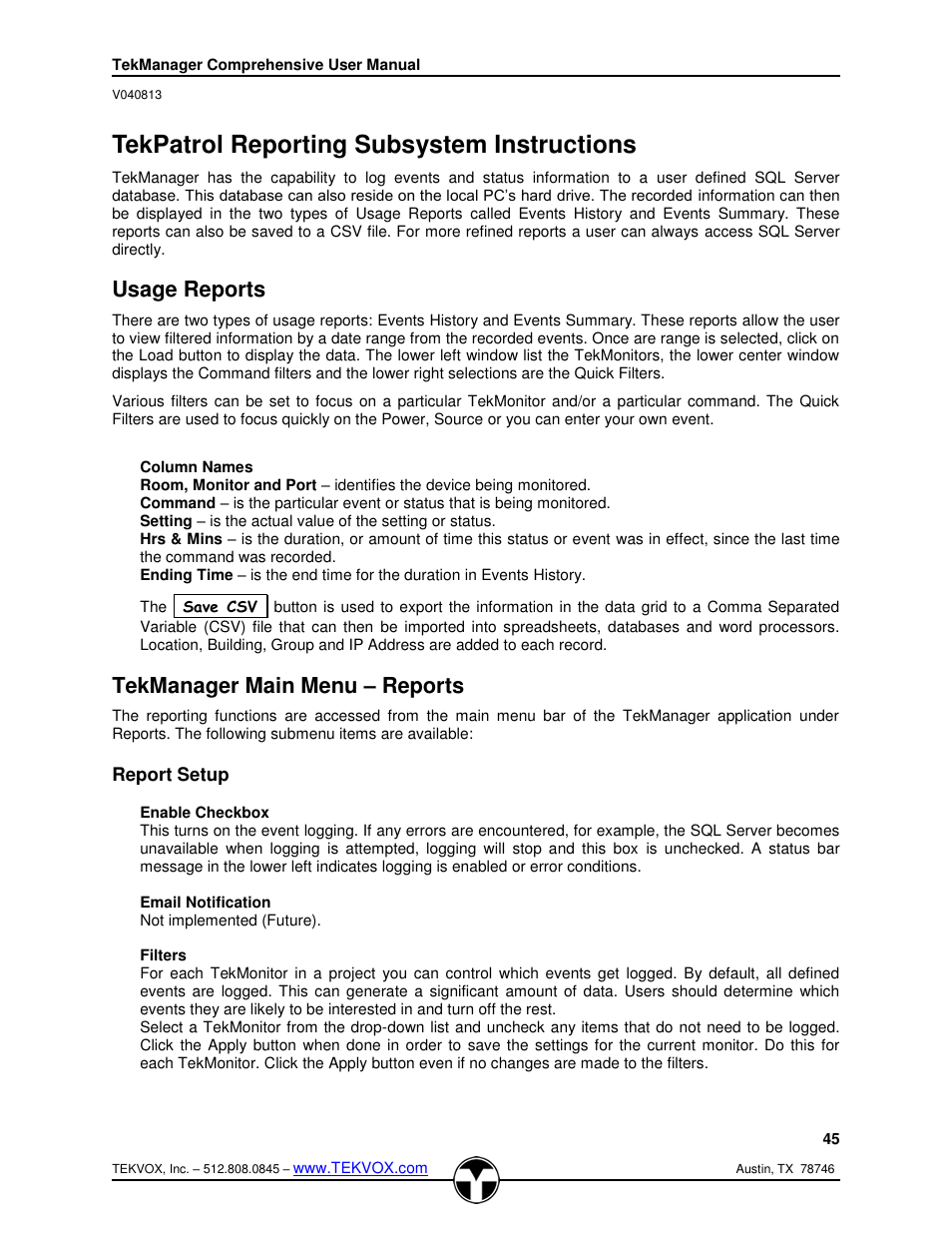 Tekpatrol reporting subsystem instructions, Usage reports, Column names | Tekmanager main menu – reports, Report setup, Enable checkbox, Email notification, Filters, Tekmanager main menu, Reports | TEKVOX TekManager Comprehensive User Manual | Page 45 / 51