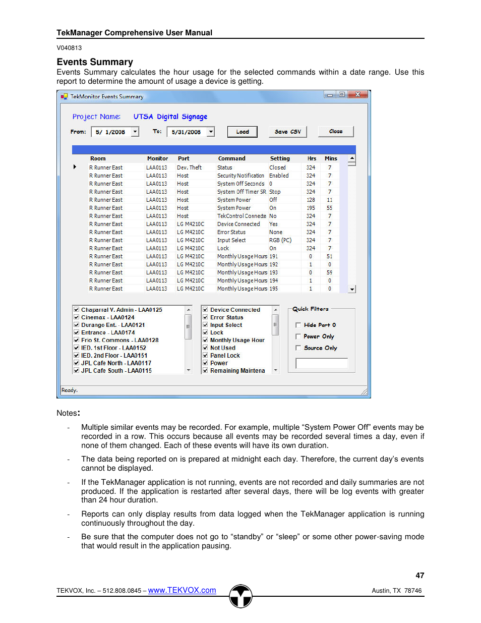 Events summary, Notes | TEKVOX TekManager Comprehensive User Manual | Page 47 / 51