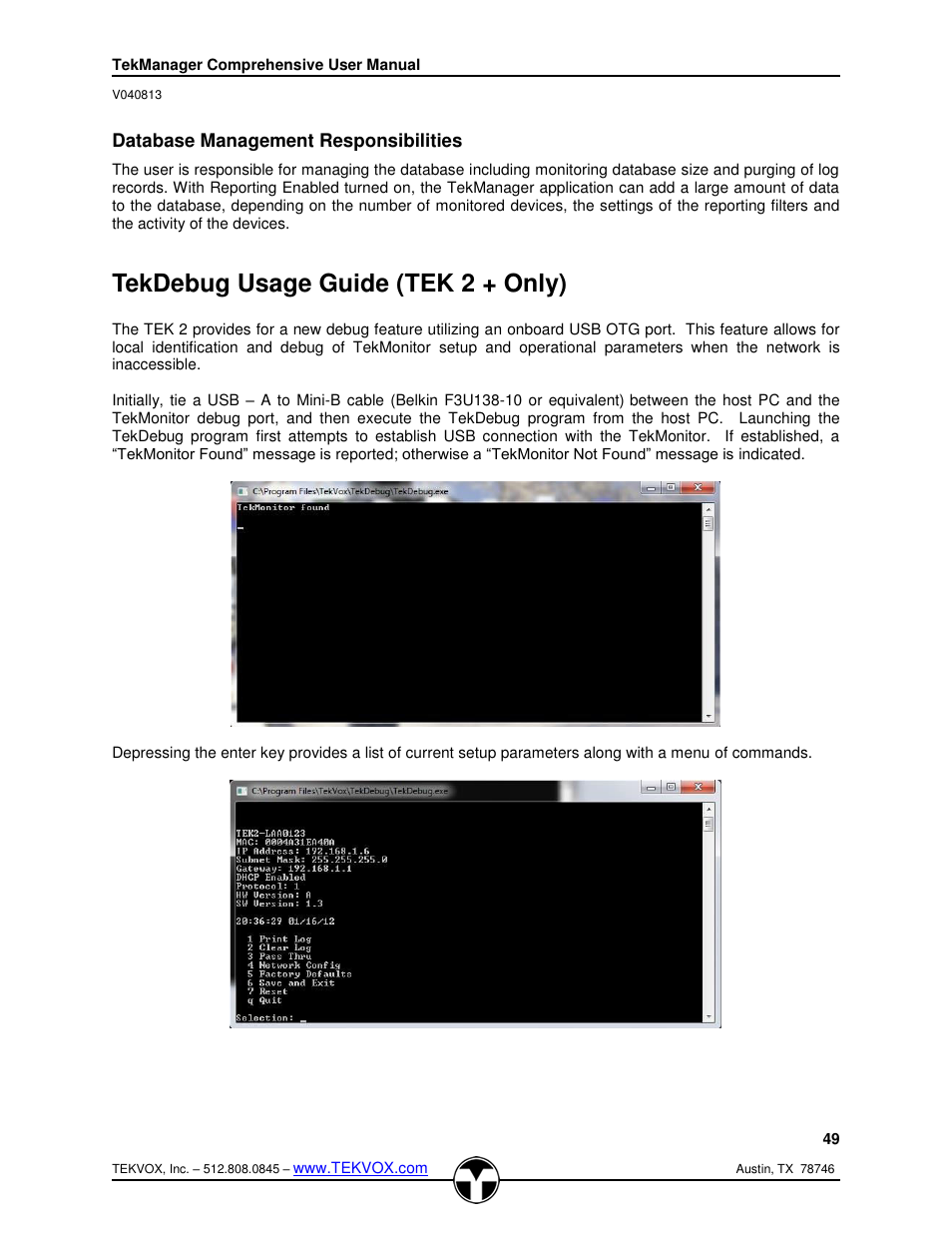 Database management responsibilities, Tekdebug usage guide (tek 2 + only) | TEKVOX TekManager Comprehensive User Manual | Page 49 / 51