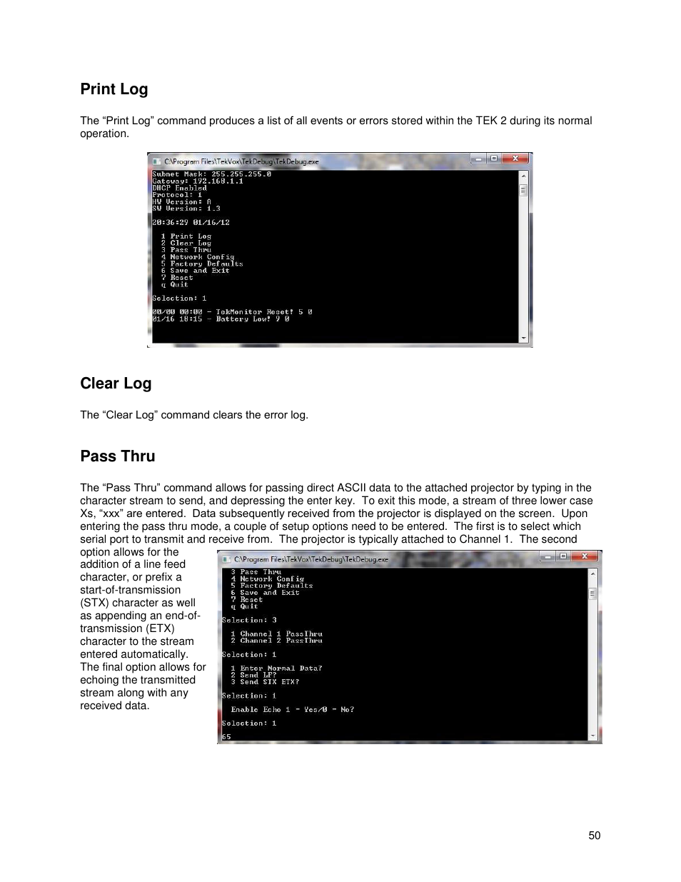 Print log, Clear log, Pass thru | TEKVOX TekManager Comprehensive User Manual | Page 50 / 51