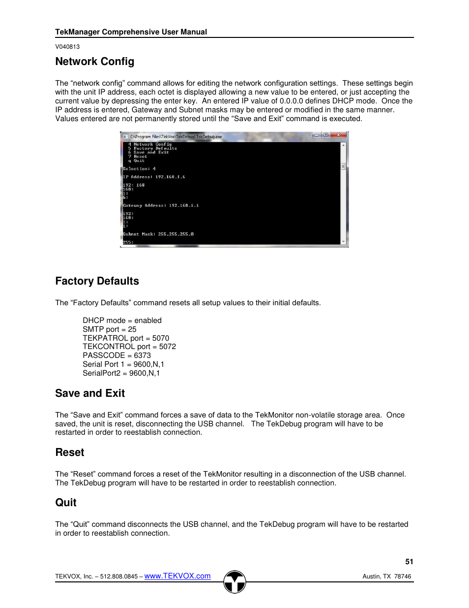 Network config, Factory defaults, Save and exit | Reset, Quit | TEKVOX TekManager Comprehensive User Manual | Page 51 / 51