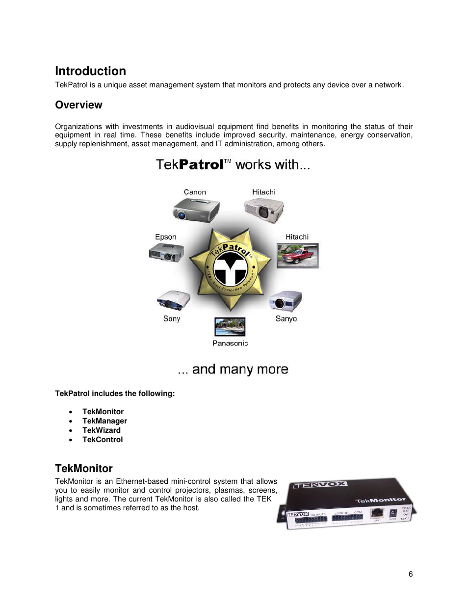 Introduction, Overview, Tekmonitor | TEKVOX TekManager Comprehensive User Manual | Page 6 / 51