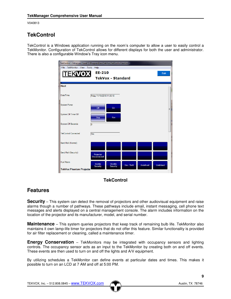 Tekcontrol, Features, Security | Maintenance, Energy conservation | TEKVOX TekManager Comprehensive User Manual | Page 9 / 51