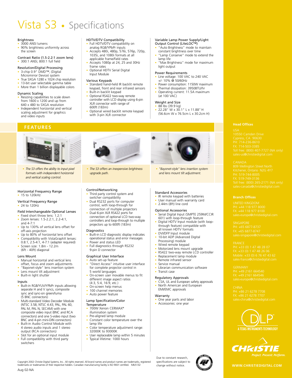 Vista s3, Specifications | Christie Digital Systems Vista S3 User Manual | Page 2 / 2