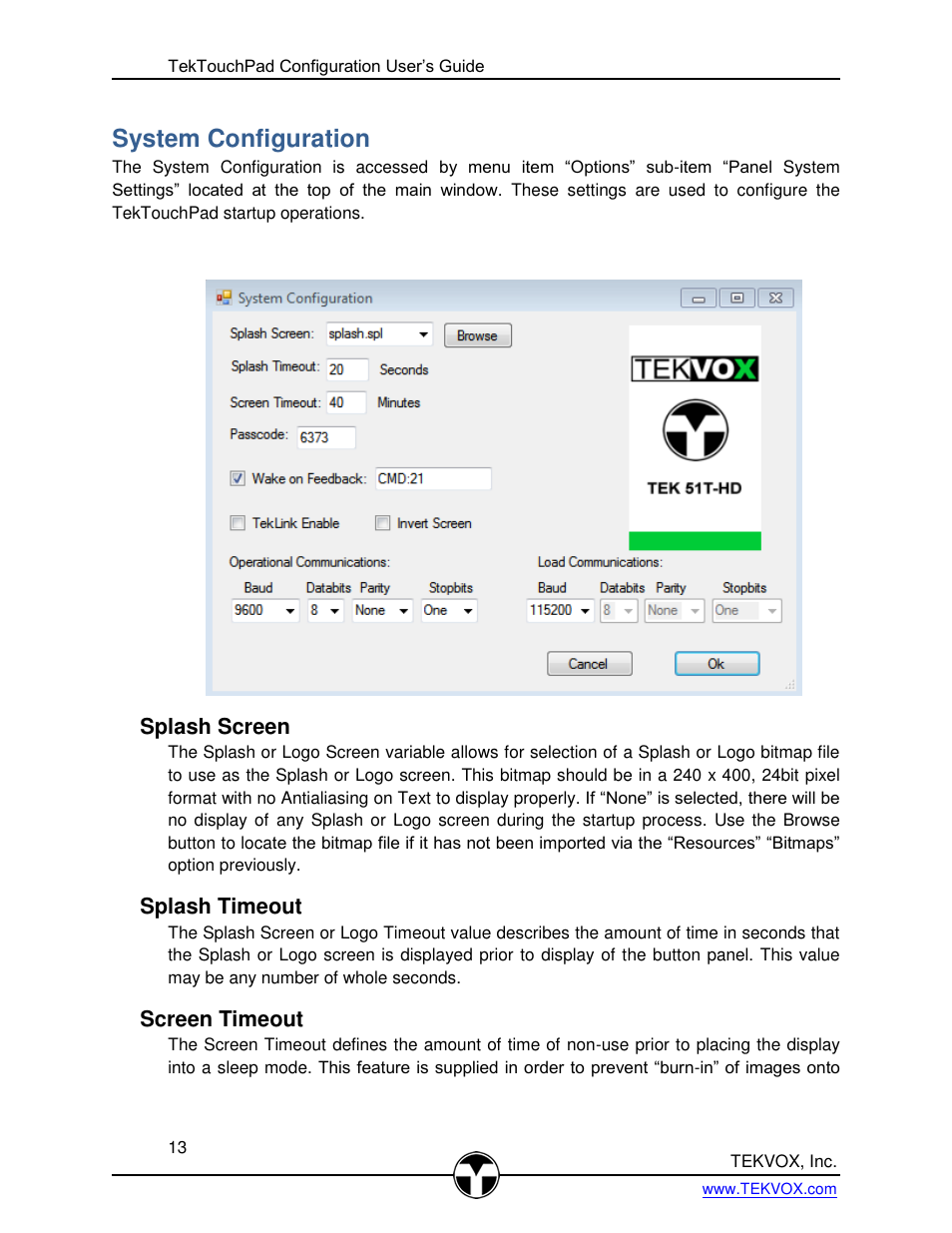 System configuration, Splash screen, Splash timeout | Screen timeout, Plash, Creen, Imeout | TEKVOX TekTouchPad User Manual | Page 13 / 43