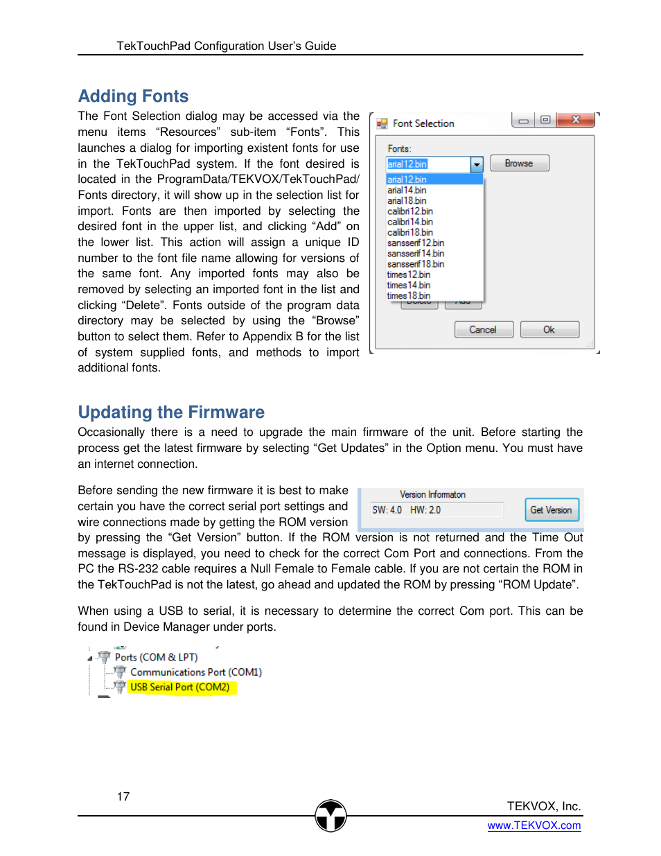 Adding fonts, Updating the firmware | TEKVOX TekTouchPad User Manual | Page 17 / 43