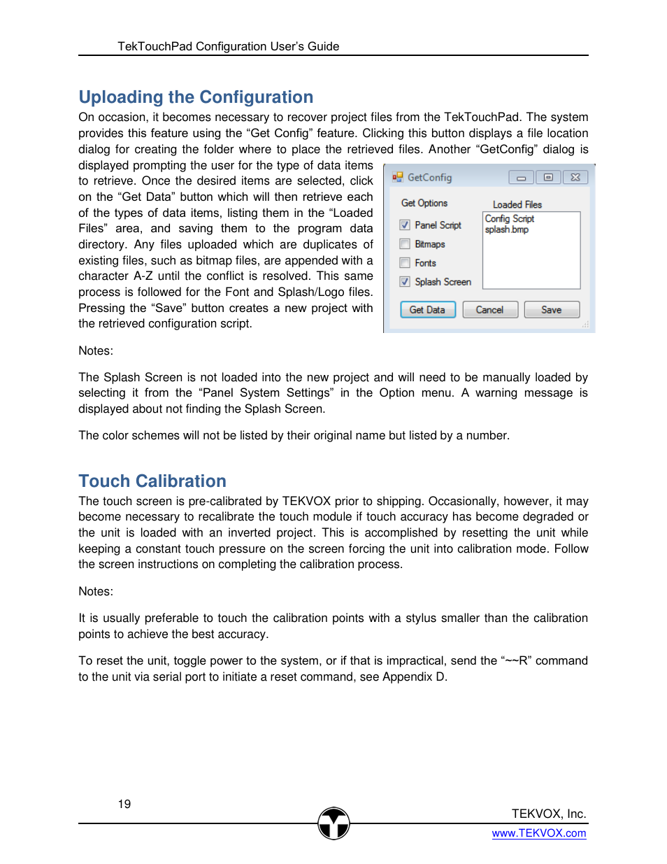 Uploading the configuration, Touch calibration | TEKVOX TekTouchPad User Manual | Page 19 / 43