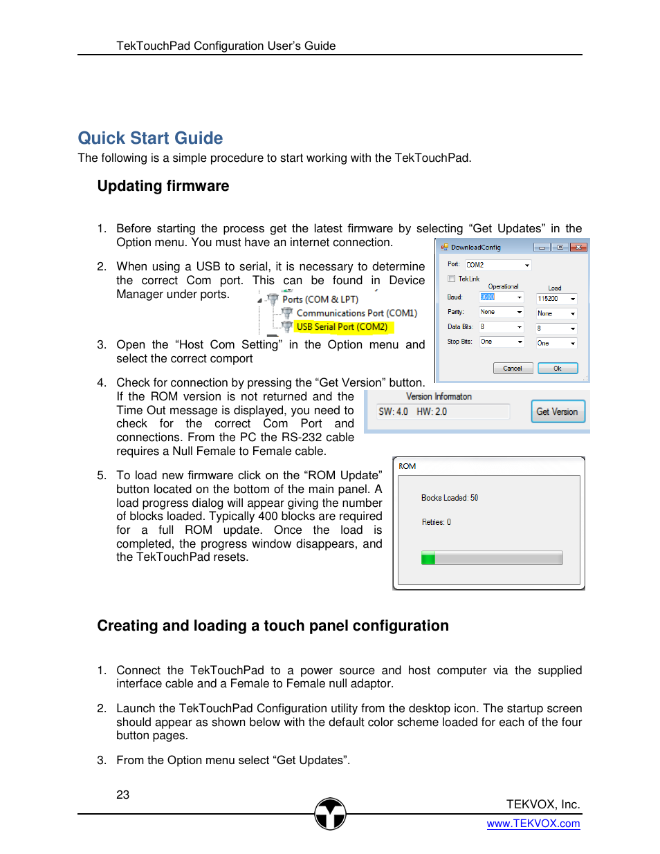 Quick start guide, Updating firmware, Creating and loading a touch panel configuration | Pdating firmware, Reating and loading a touch panel configuration | TEKVOX TekTouchPad User Manual | Page 23 / 43