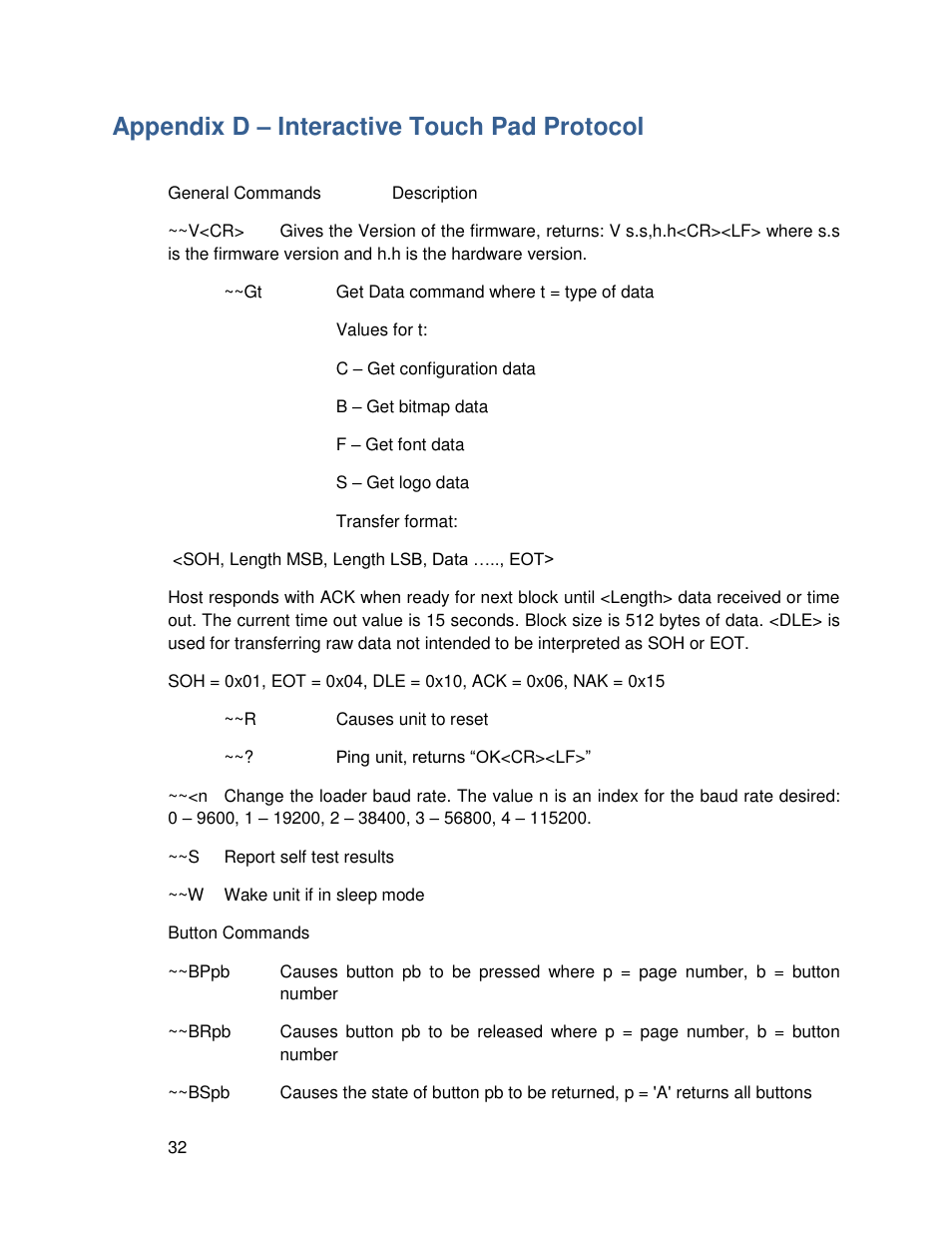 Appendix d – interactive touch pad protocol, Appendix d, Interactive touch pad protocol | TEKVOX TekTouchPad User Manual | Page 32 / 43