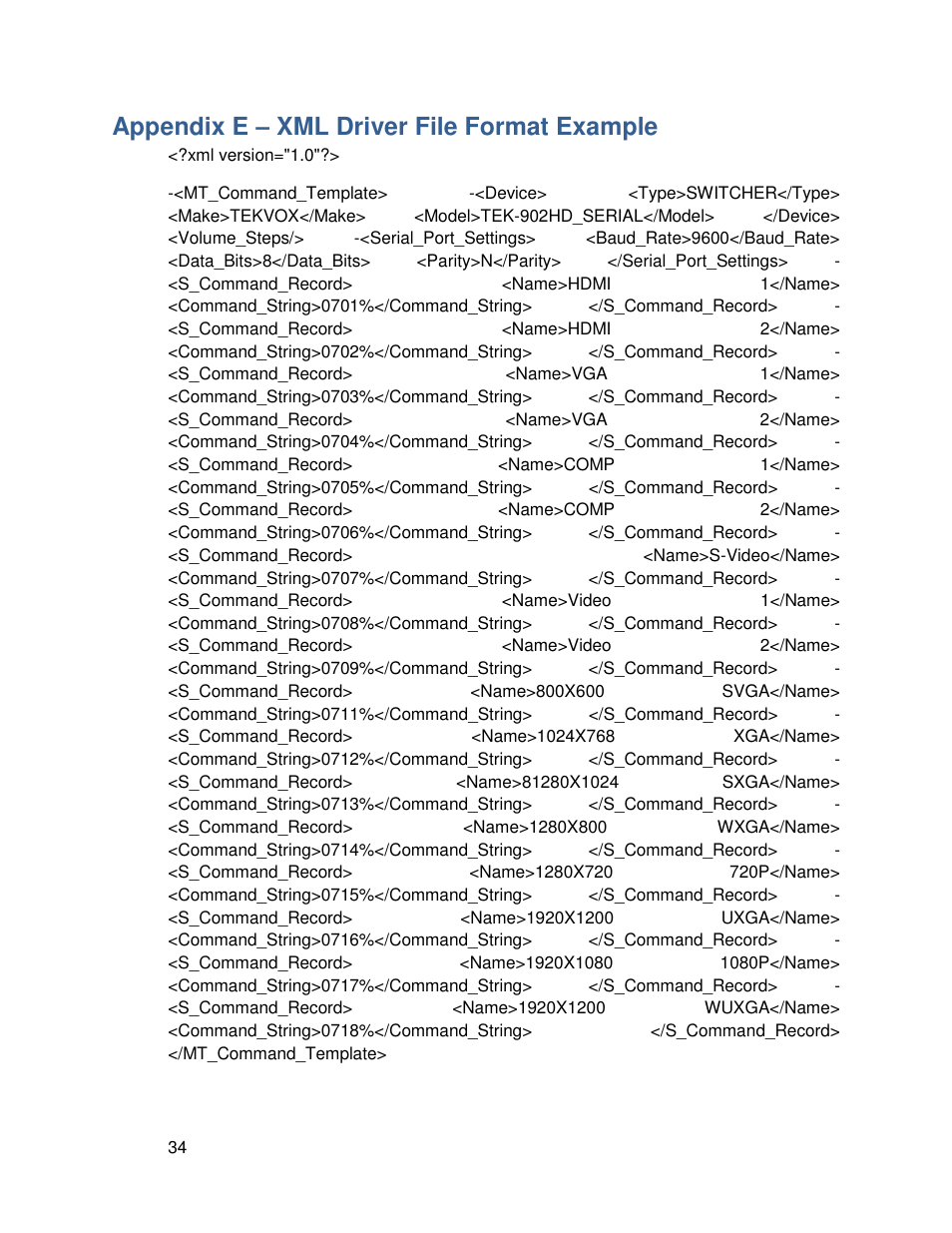 Appendix e – xml driver file format example, Appendix e, Xml driver file format example | TEKVOX TekTouchPad User Manual | Page 34 / 43