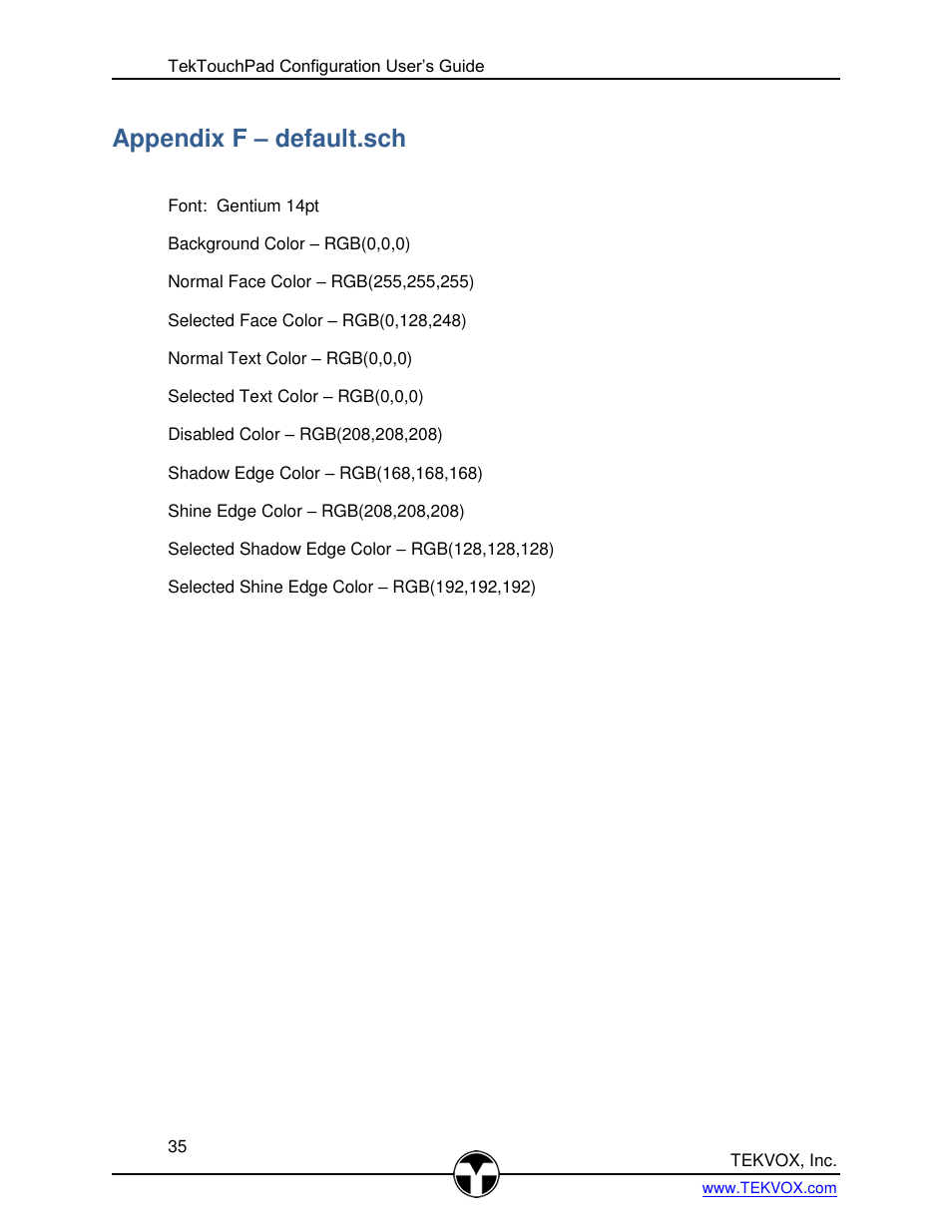 Appendix f – default.sch, Appendix f, Default.sch | TEKVOX TekTouchPad User Manual | Page 35 / 43