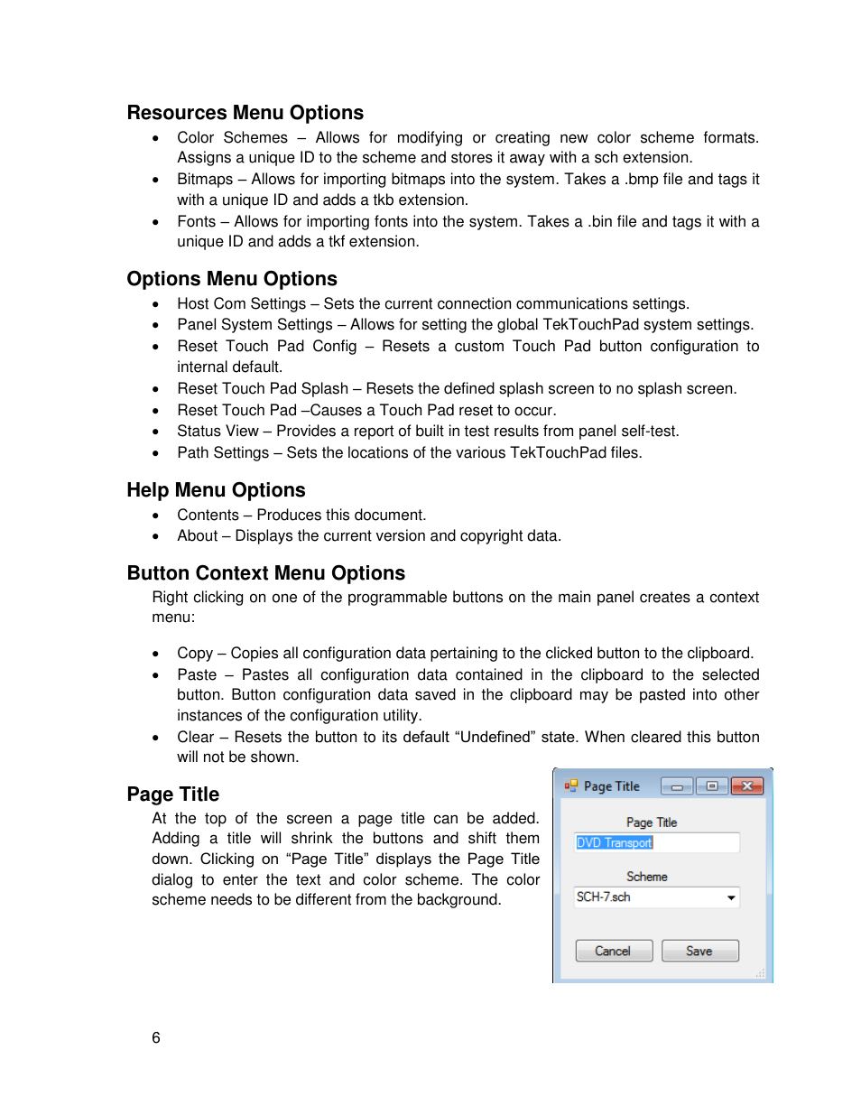 Resources menu options, Options menu options, Help menu options | Button context menu options, Esources, Ptions, Utton, Ontext, Itle | TEKVOX TekTouchPad User Manual | Page 6 / 43