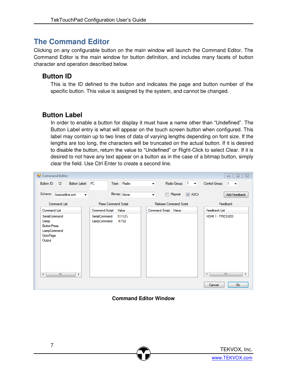 The command editor, Button id, Button label | Utton, Abel | TEKVOX TekTouchPad User Manual | Page 7 / 43