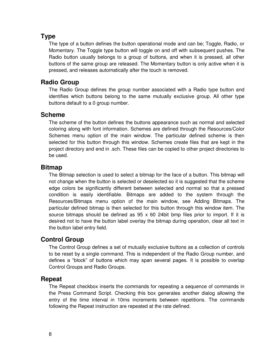 Type, Radio group, Scheme | Bitmap, Control group, Repeat, Adio, Roup, Cheme, Itmap | TEKVOX TekTouchPad User Manual | Page 8 / 43