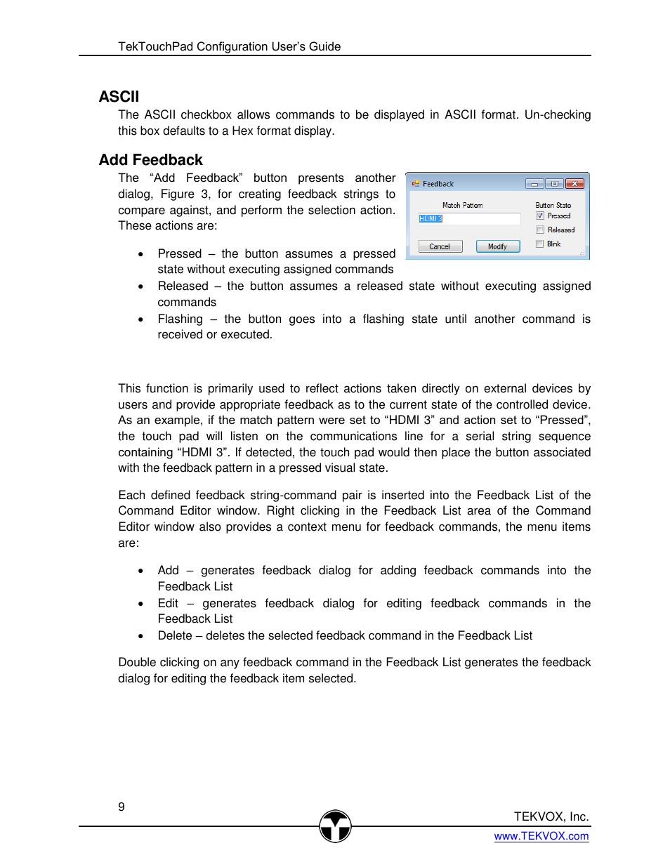 Ascii, Add feedback, Eedback | TEKVOX TekTouchPad User Manual | Page 9 / 43