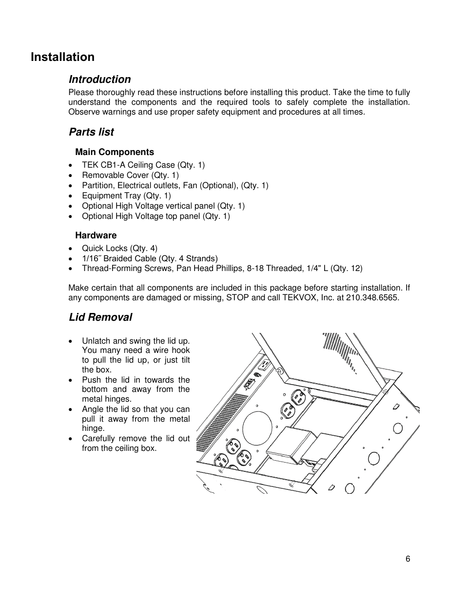 Installation, Introduction, Parts list | Main components, Hardware, Lid removal, Ntroduction, Arts list, Emoval | TEKVOX CB1-A Ceiling Box User Manual | Page 6 / 11