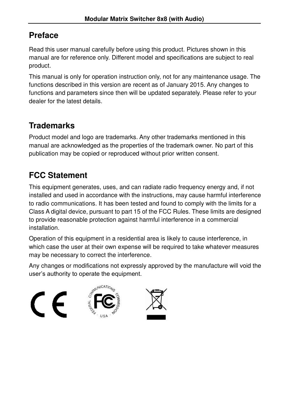 Preface, Trademarks, Fcc statement | TEKVOX MMX88 Matrix Switcher User Manual | Page 2 / 40