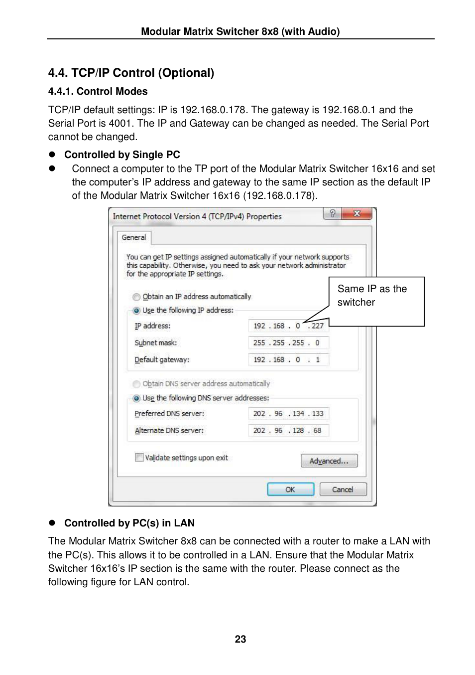 Tcp/ip control (optional), Control modes | TEKVOX MMX88 Matrix Switcher User Manual | Page 28 / 40