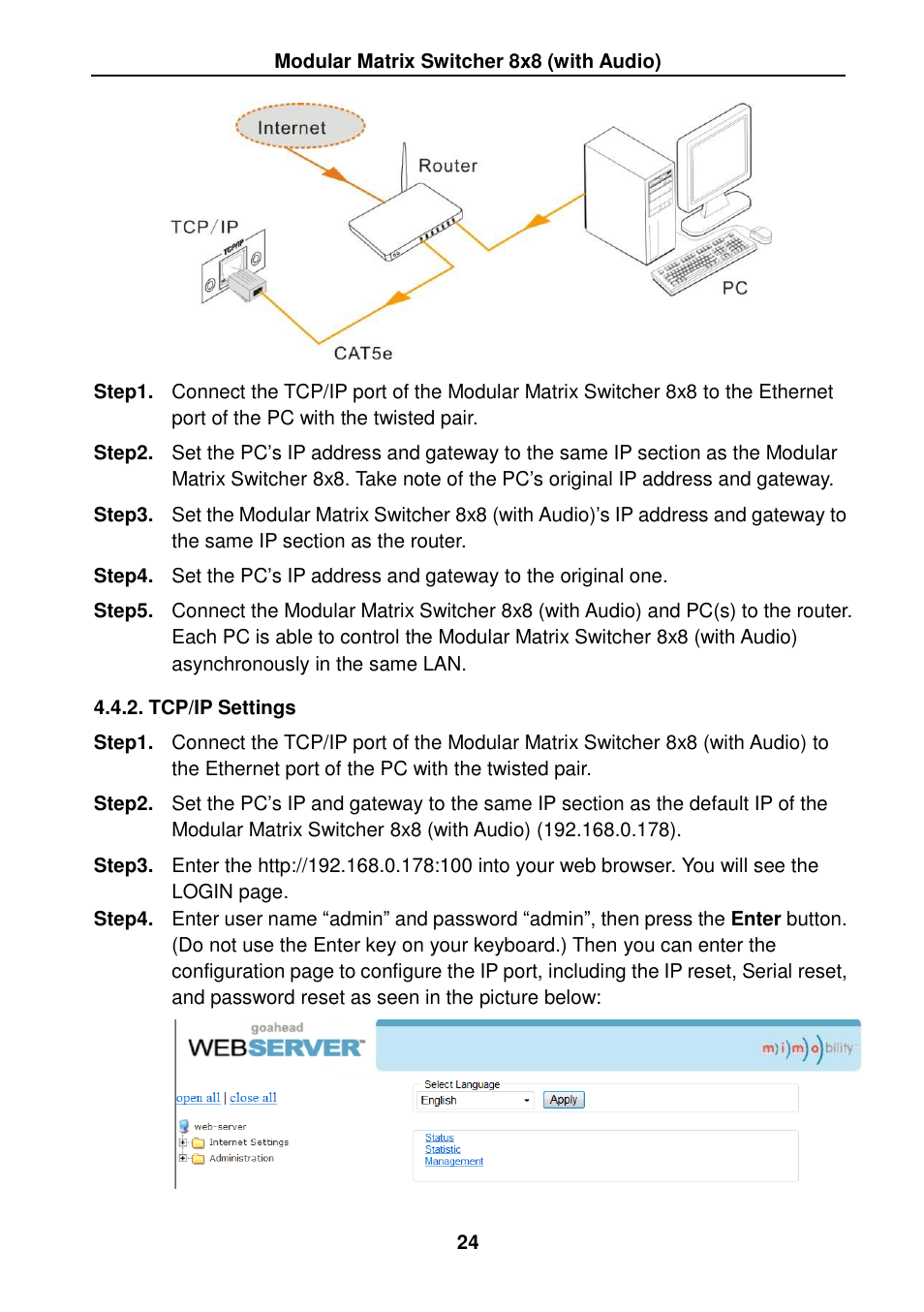Tcp/ip settings | TEKVOX MMX88 Matrix Switcher User Manual | Page 29 / 40