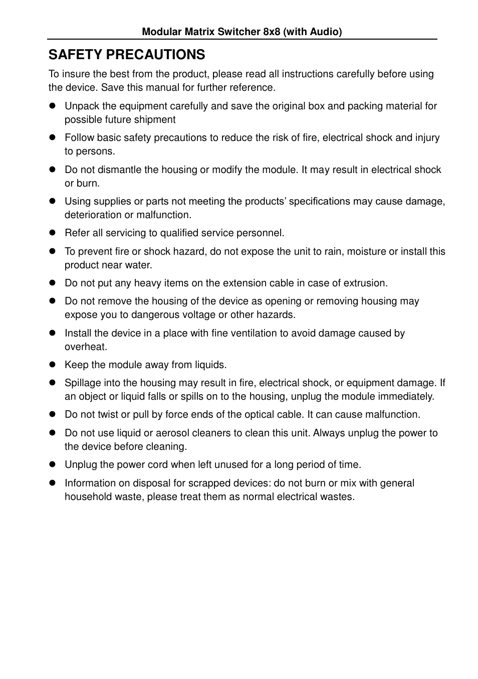 Safety precautions | TEKVOX MMX88 Matrix Switcher User Manual | Page 3 / 40