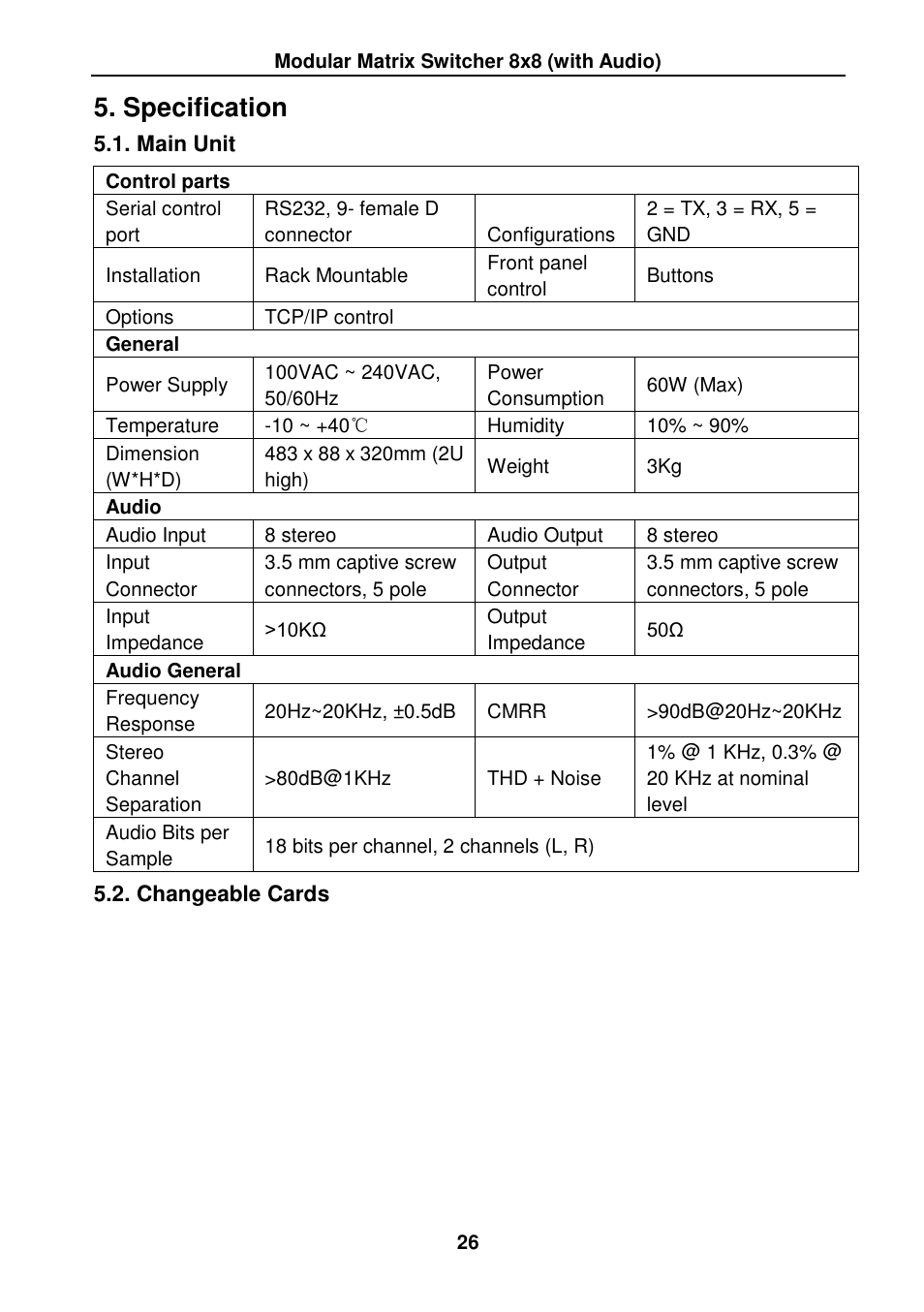 Specification, Main unit, Changeable cards | TEKVOX MMX88 Matrix Switcher User Manual | Page 31 / 40