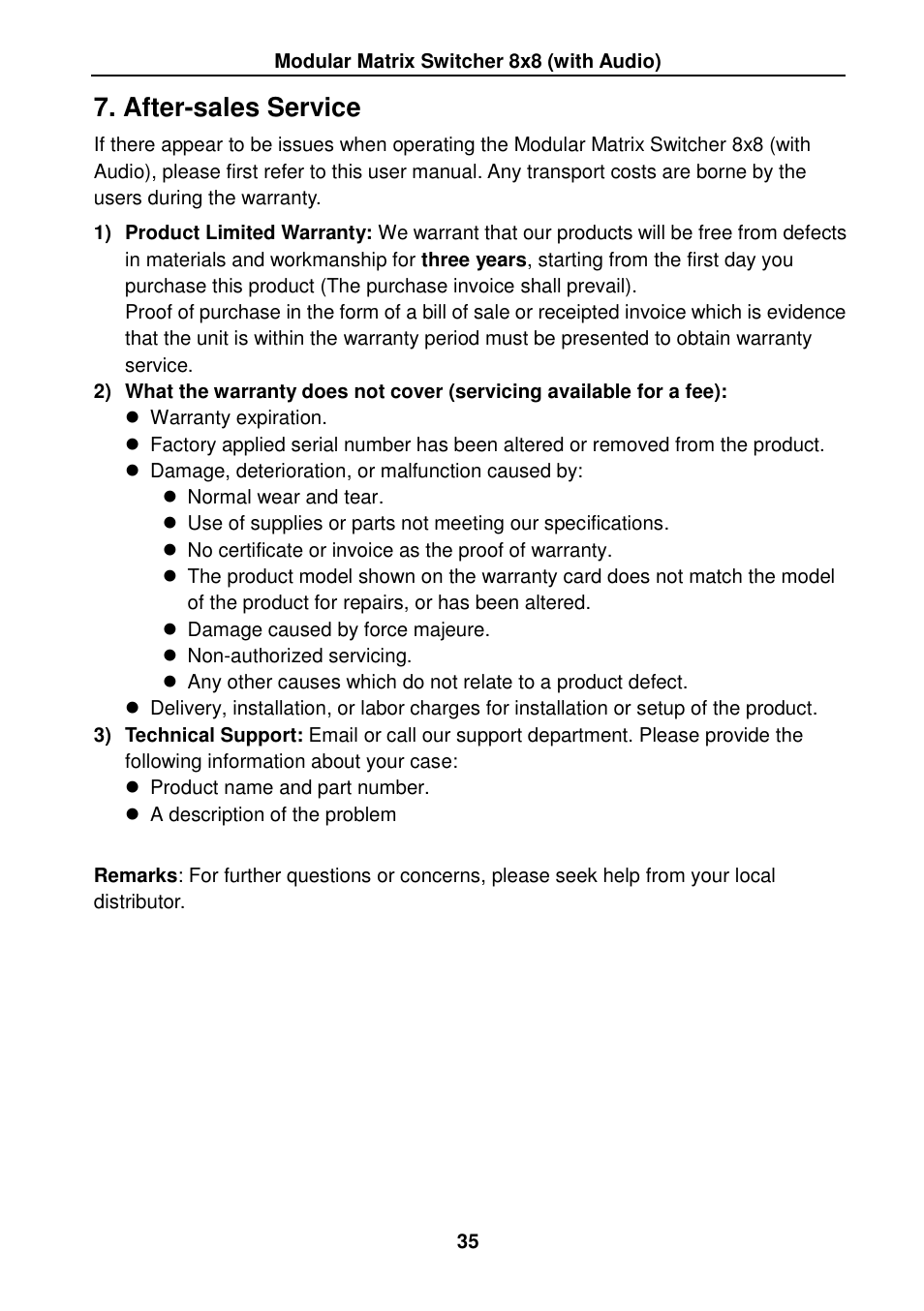 After-sales service | TEKVOX MMX88 Matrix Switcher User Manual | Page 40 / 40