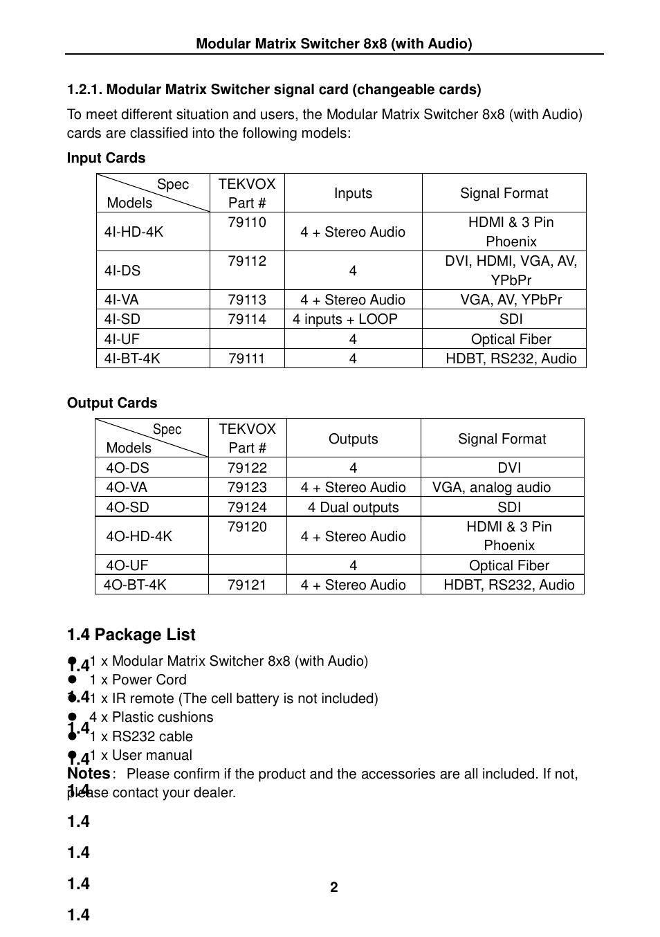 4 package list | TEKVOX MMX88 Matrix Switcher User Manual | Page 7 / 40