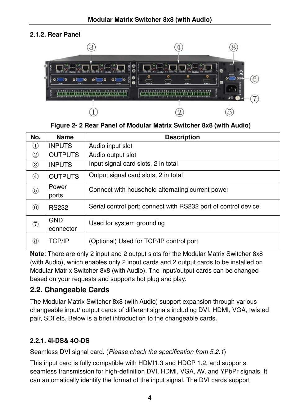 Rear panel, Changeable cards, 4i-ds& 4o-ds | TEKVOX MMX88 Matrix Switcher User Manual | Page 9 / 40