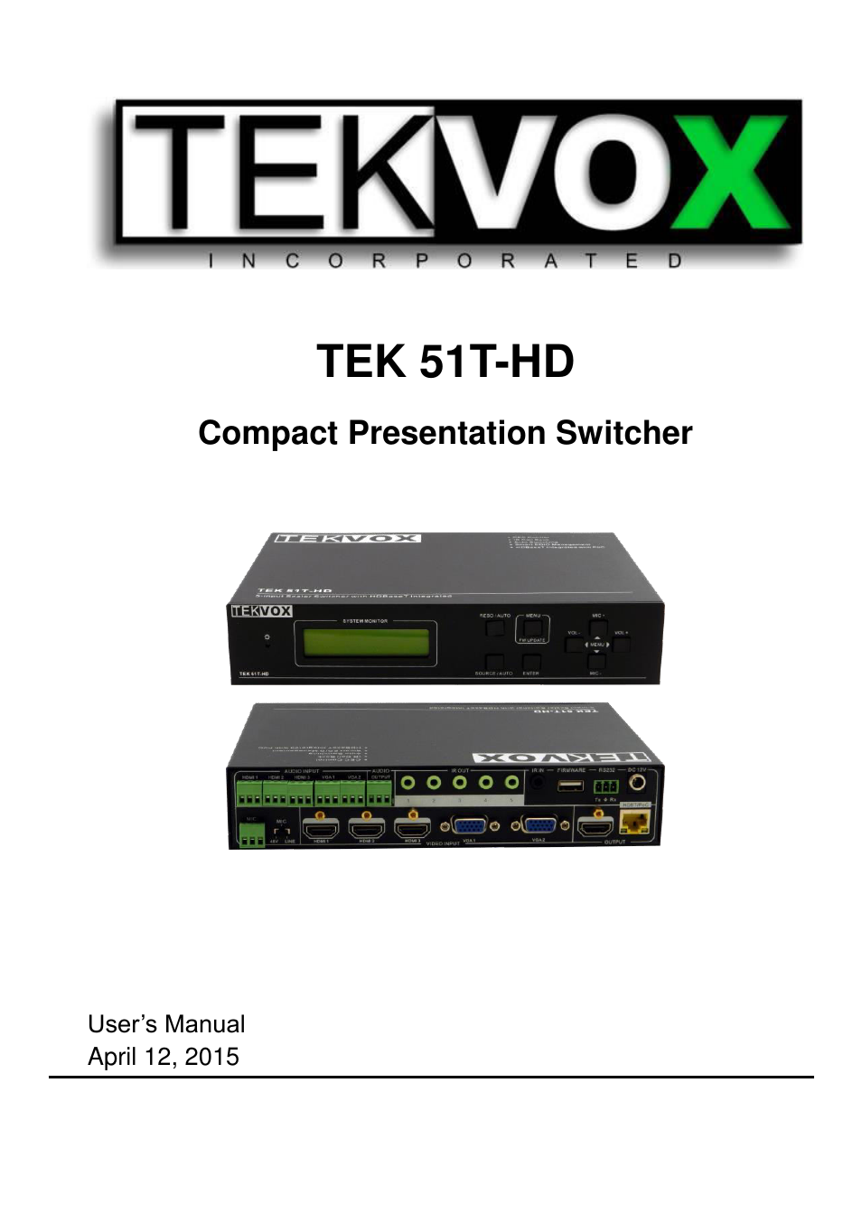 TEKVOX 51T-HD Presentation Switcher User Manual | 41 pages