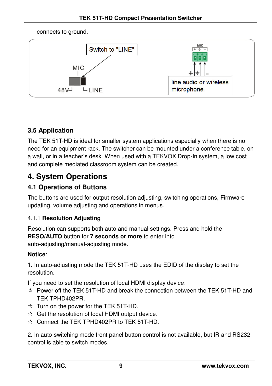 5 application, System operations, 1 operations of buttons | 1 resolution adjusting, Resolution adjusting | TEKVOX 51T-HD Presentation Switcher User Manual | Page 13 / 41