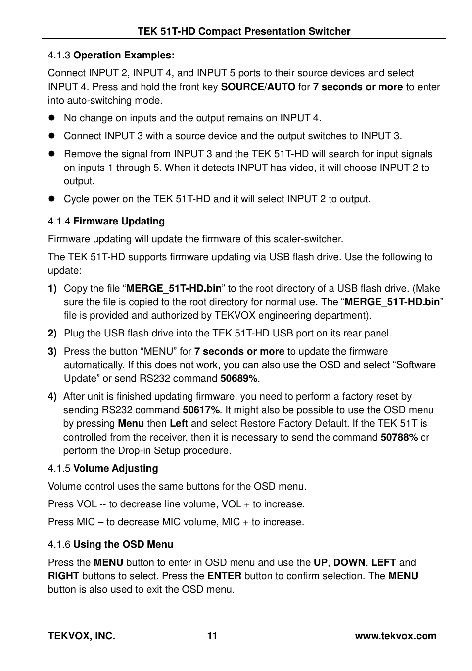 3 operation examples, 4 firmware updating, 5 volume adjusting | 6 using the osd menu, Operation examples, Firmware updating, Volume adjusting, Using the osd menu | TEKVOX 51T-HD Presentation Switcher User Manual | Page 15 / 41