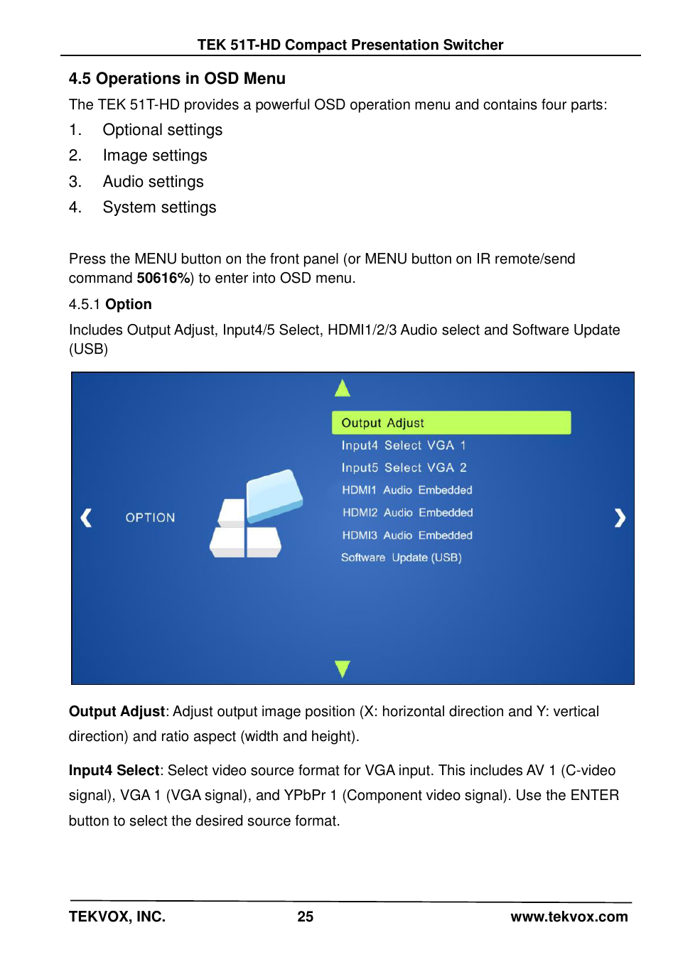 5 operations in osd menu, Optional settings, Image settings | Audio settings, System settings, 1 option, Option | TEKVOX 51T-HD Presentation Switcher User Manual | Page 29 / 41