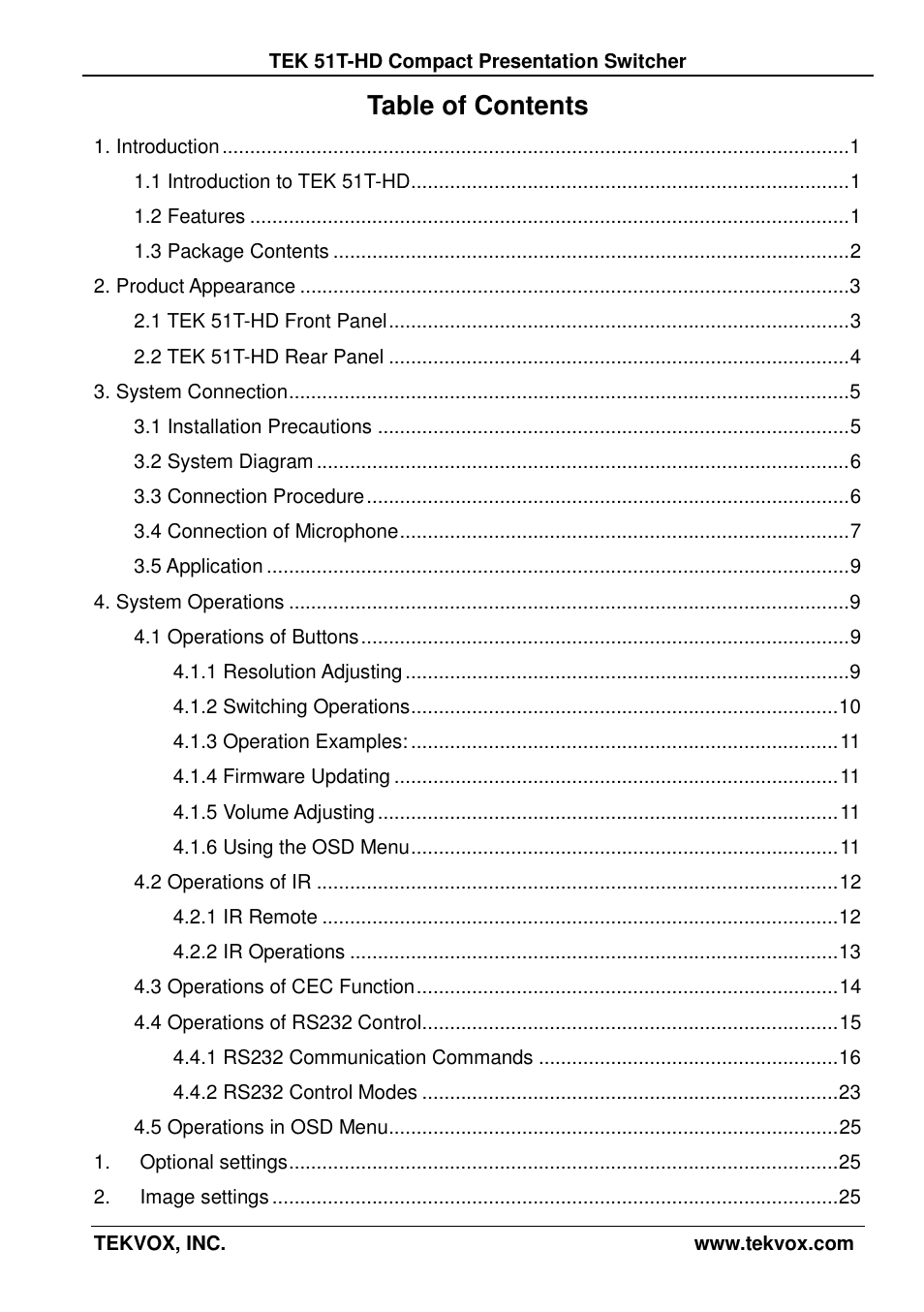 TEKVOX 51T-HD Presentation Switcher User Manual | Page 3 / 41