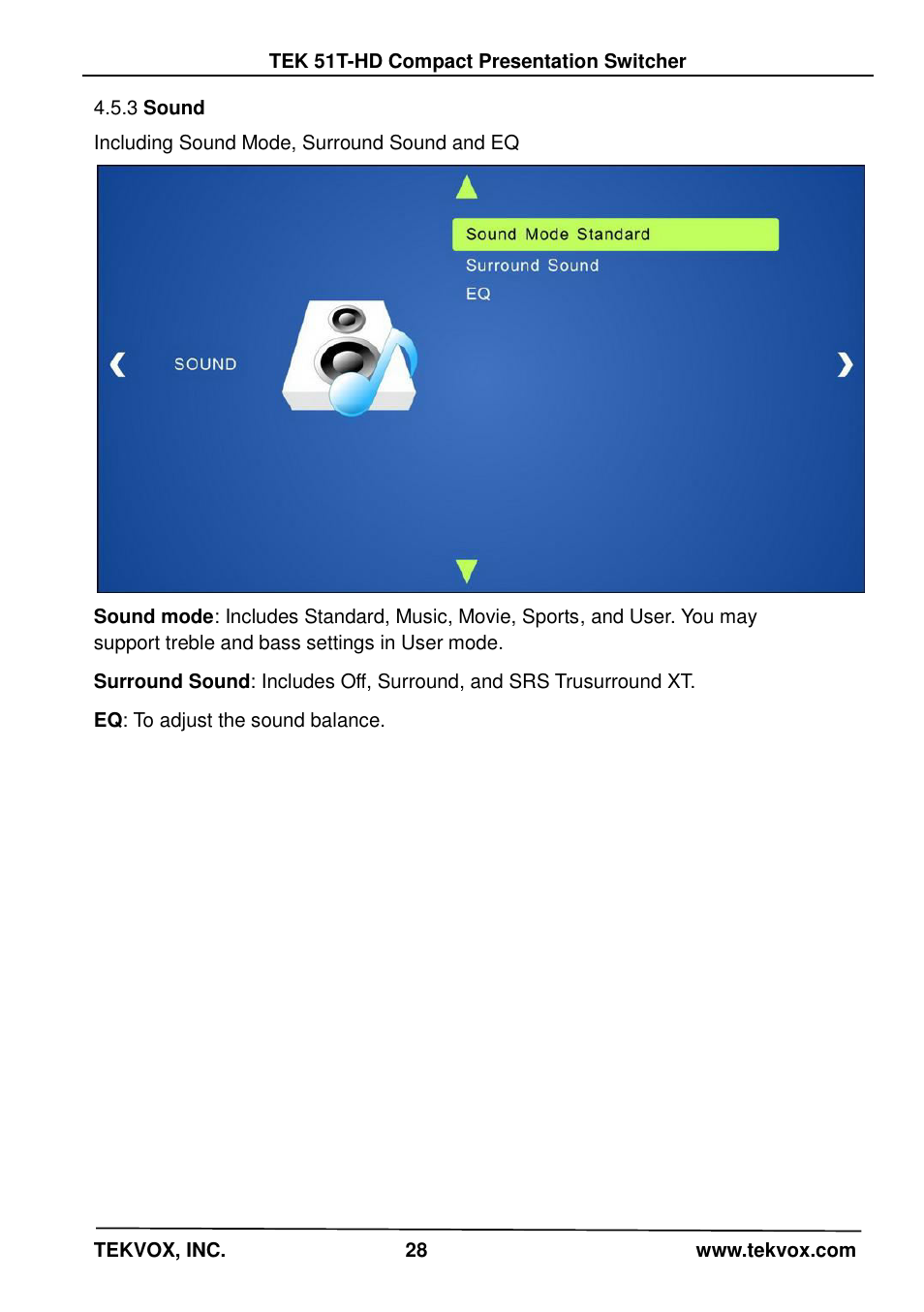 3 sound, Sound | TEKVOX 51T-HD Presentation Switcher User Manual | Page 32 / 41