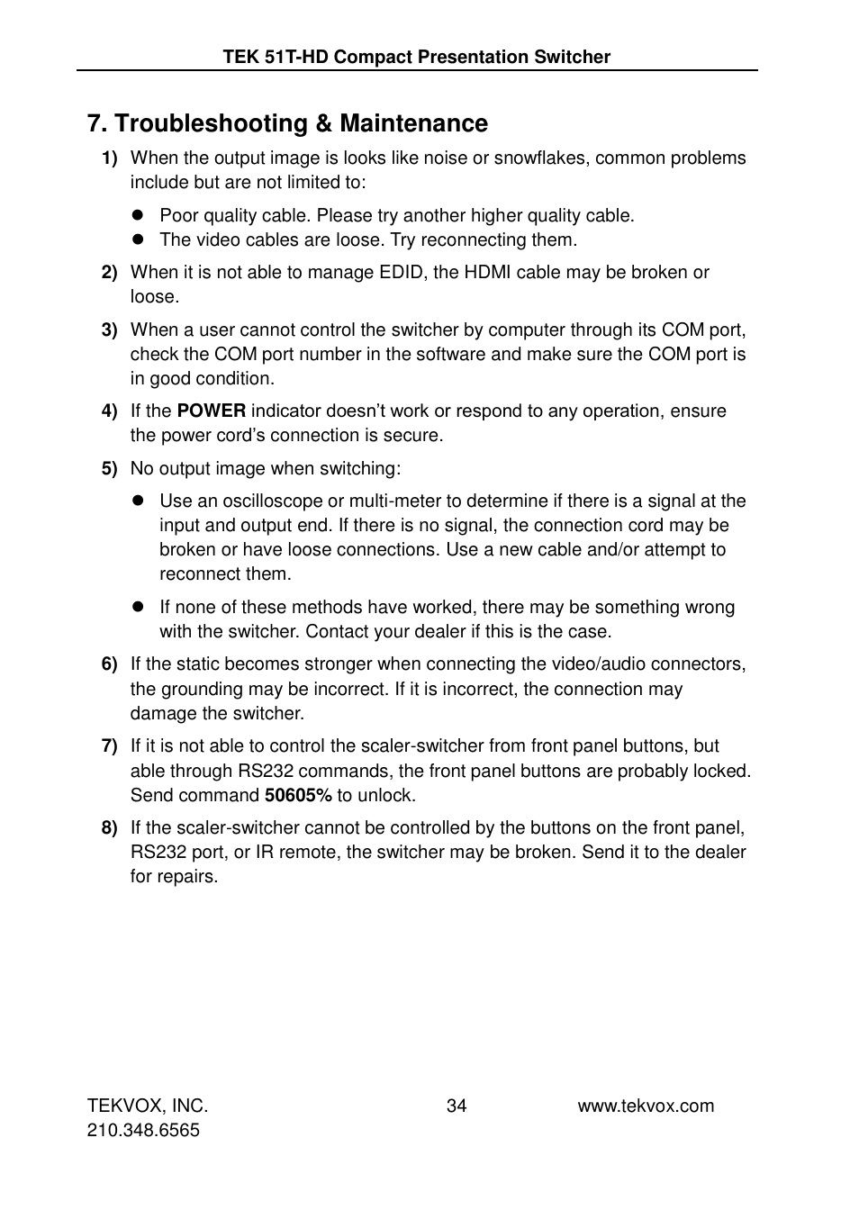 Troubleshooting & maintenance | TEKVOX 51T-HD Presentation Switcher User Manual | Page 38 / 41