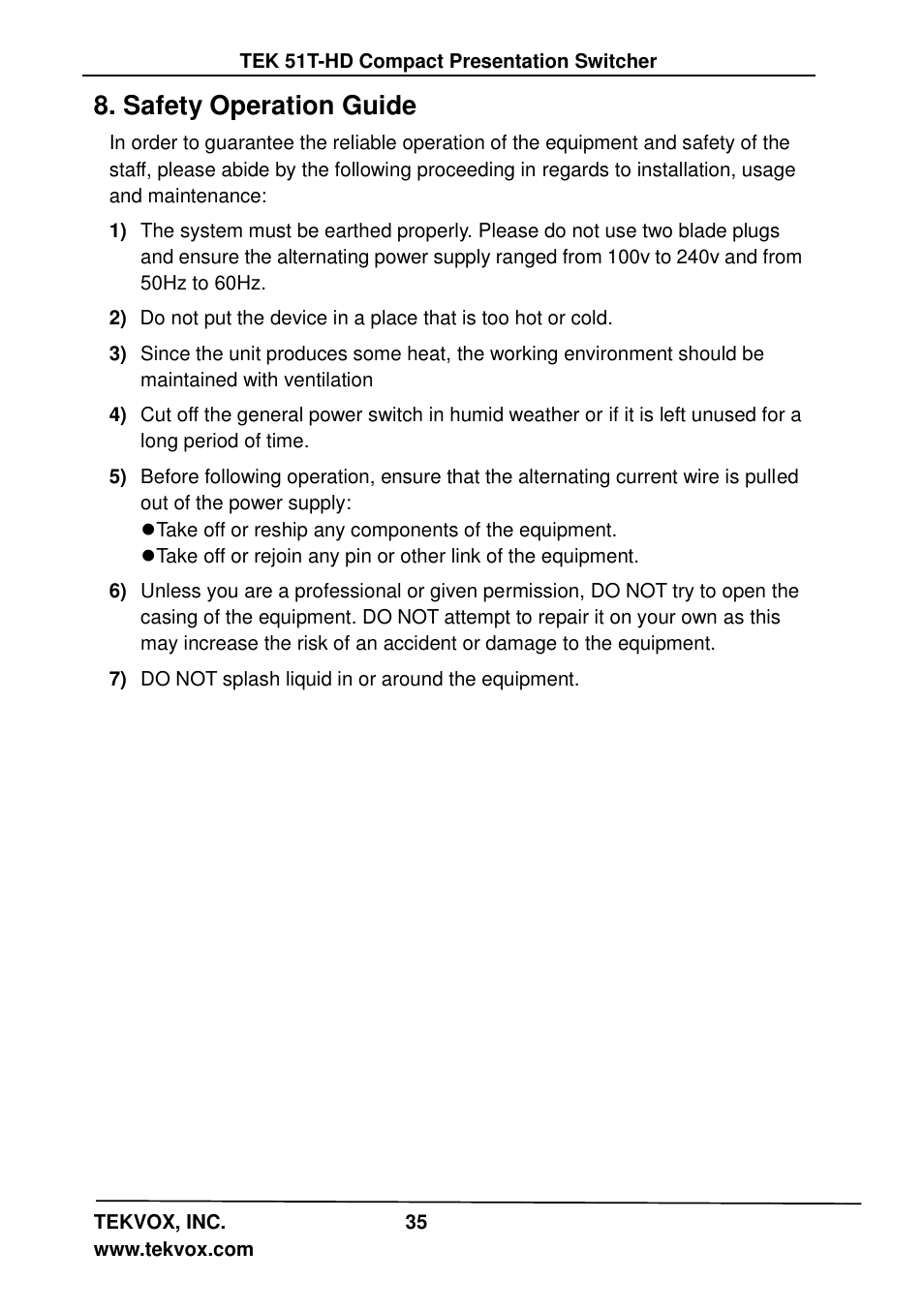 Safety operation guide | TEKVOX 51T-HD Presentation Switcher User Manual | Page 39 / 41
